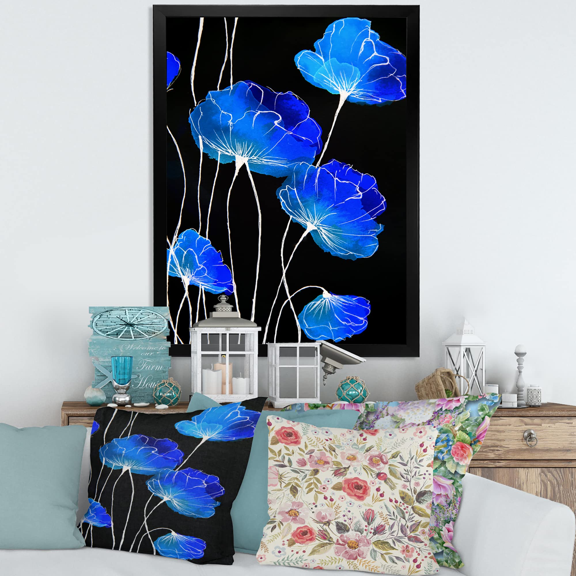 Blue Flowers on Black II - Traditional Framed Wall Art Painting - Home & Office Decor for Living Room, Bedroom, Dining Area