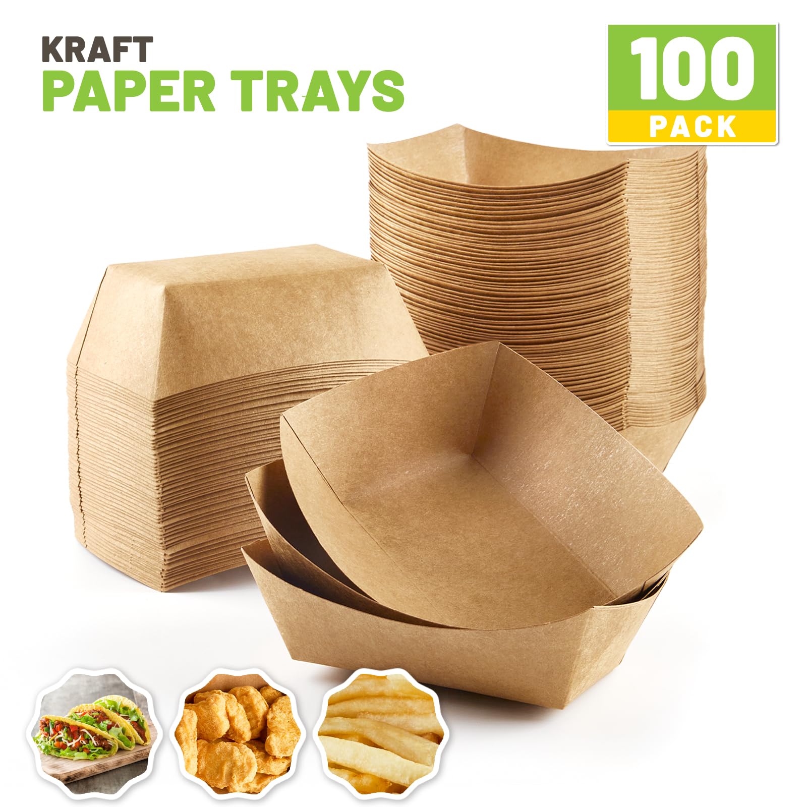 1 Lb Small Paper Food Trays - 100 Pack Disposable Kraft Food Boats, Brown Takeout Serving Baskets for Nachos, Snacks, Tacos, Fries | Perfect for Parties, Catering, Food Trucks & Restaurants
