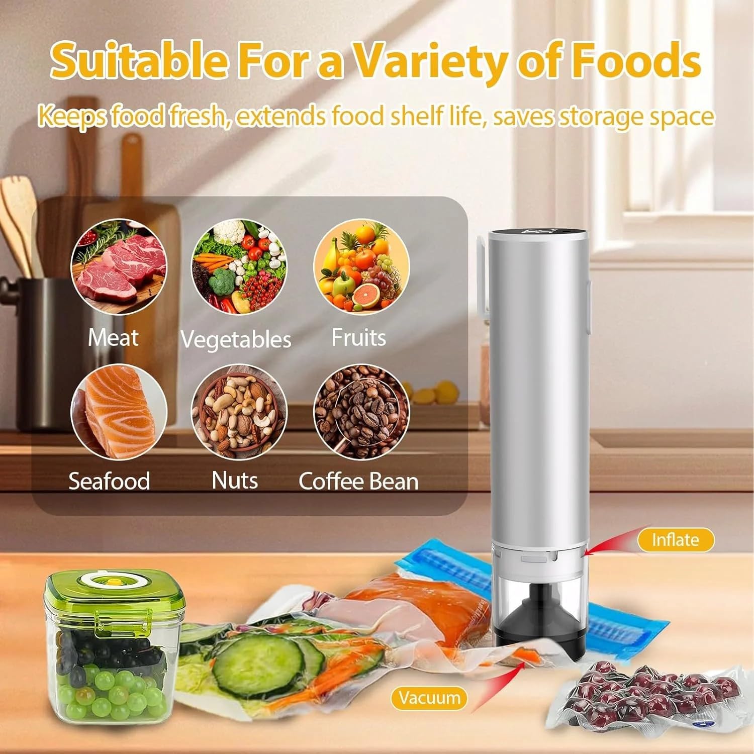 Portable Cordless Handheld Vacuum Sealer for Food Preservation - Includes 10 Reusable Zipper Bags, Dry & Moist Modes, Mason Jar Sealer & Inflation Needle (1 Pump + 10 Bags) - Perfect for Kitchen, Camping & Meal Prep