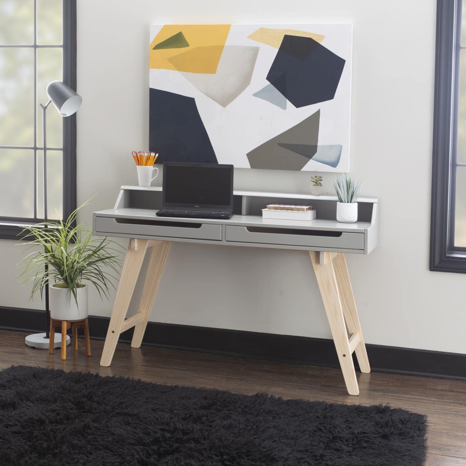 Linon Shivley Two Drawer Desk - Compact Grey Writing Desk for Home Office, Study & Small Spaces - Sturdy Wooden Workstation with Storage Drawers