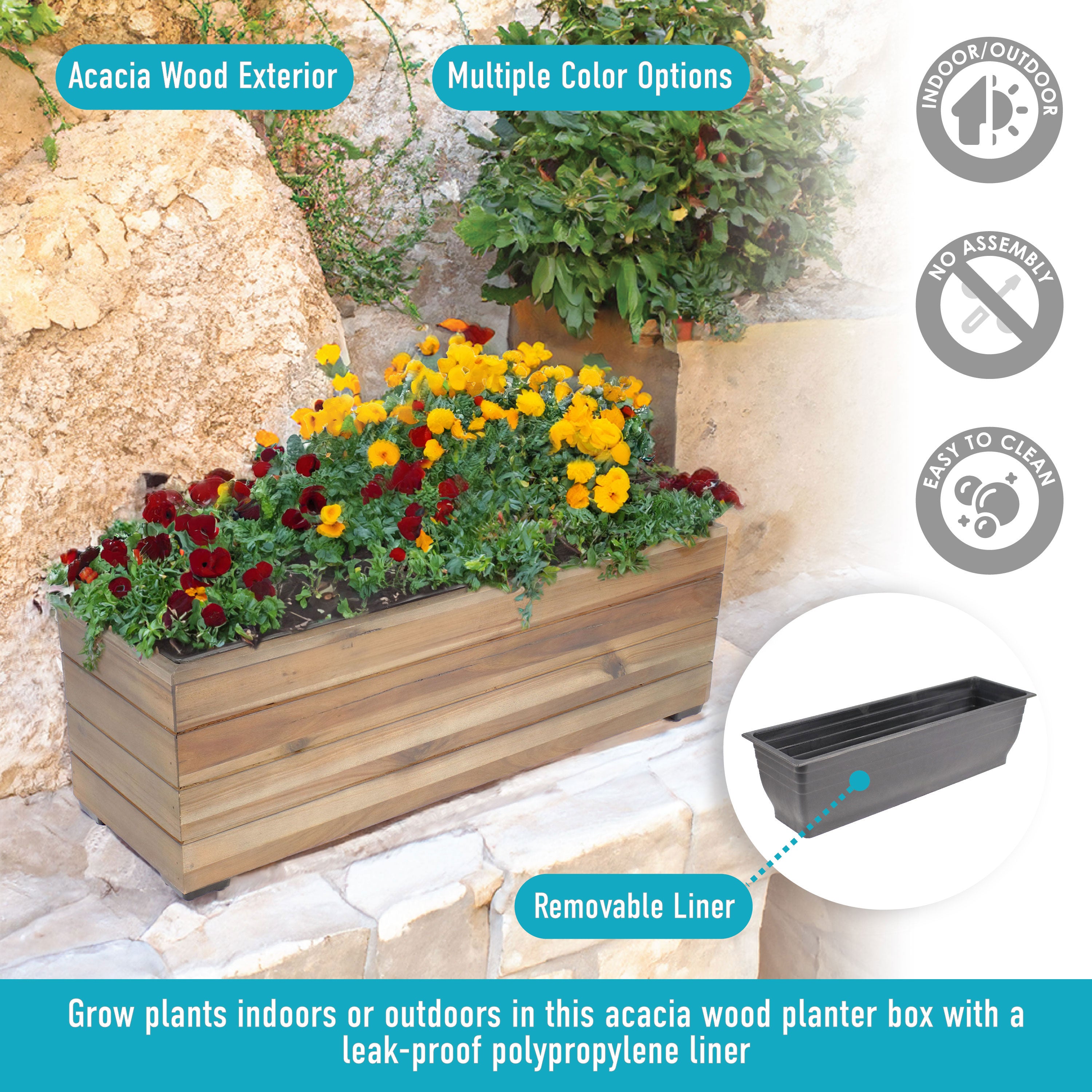 Sunnydaze Rectangular Wood Planter Box with Plastic Liner - Outdoor Garden Decor for Flowers, Herbs & Plants - Perfect for Patio, Deck & Backyard Landscaping
