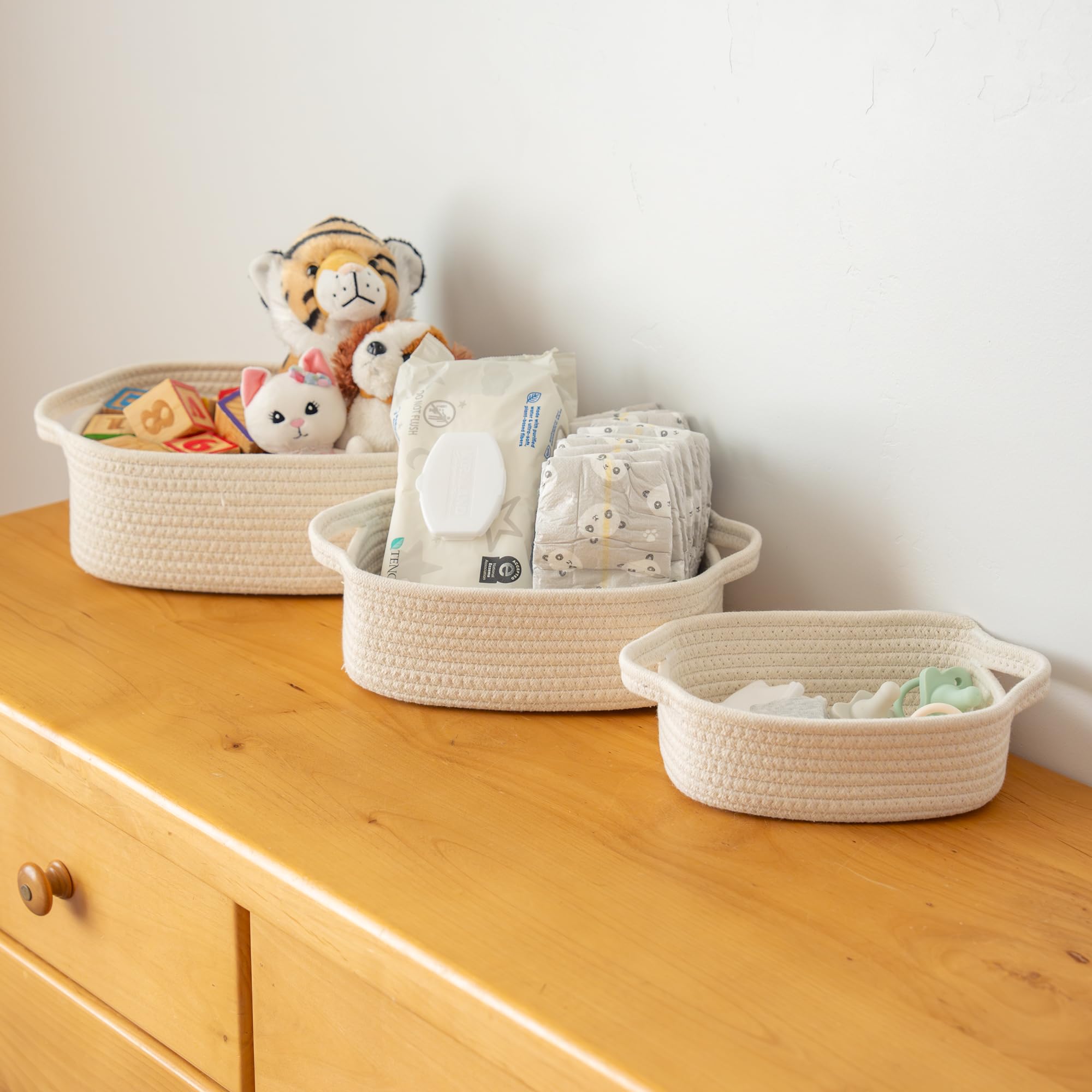OrganiHaus Set of 5 White Woven Storage Baskets - Rectangle Bathroom & Nursery Organizer Bins, Small Rope Baskets for Home Organization | Perfect for Bathroom Essentials, Baby Items & Closet Storage