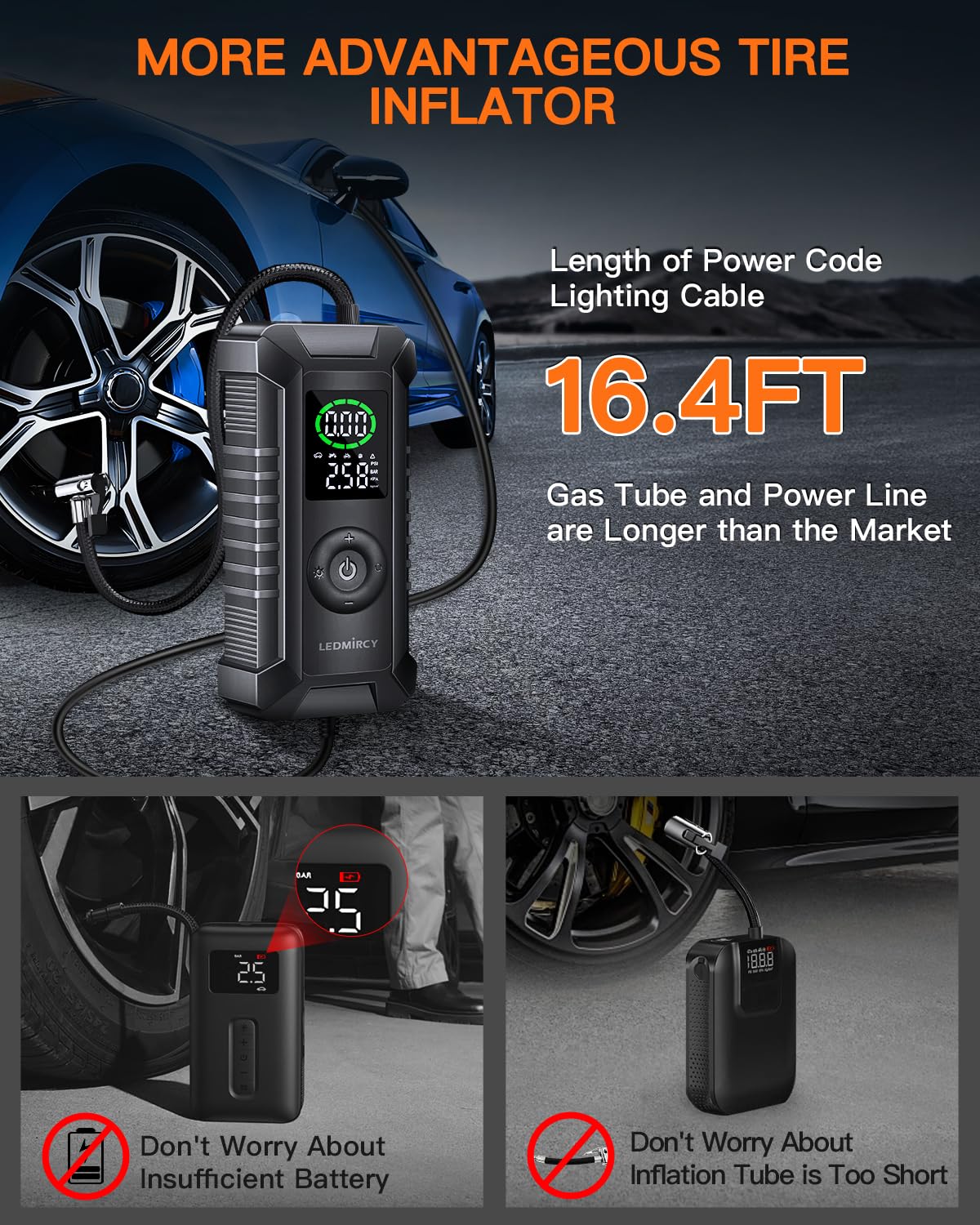 LEDMIRCY 12V DC Portable Tire Inflator Air Compressor with Digital Pressure Gauge - Emergency Car Tire Pump for Cars, Pickup Trucks, Motorcycles & Bicycles | Compact Travel Air Pump for Roadside Assistance & Home Use