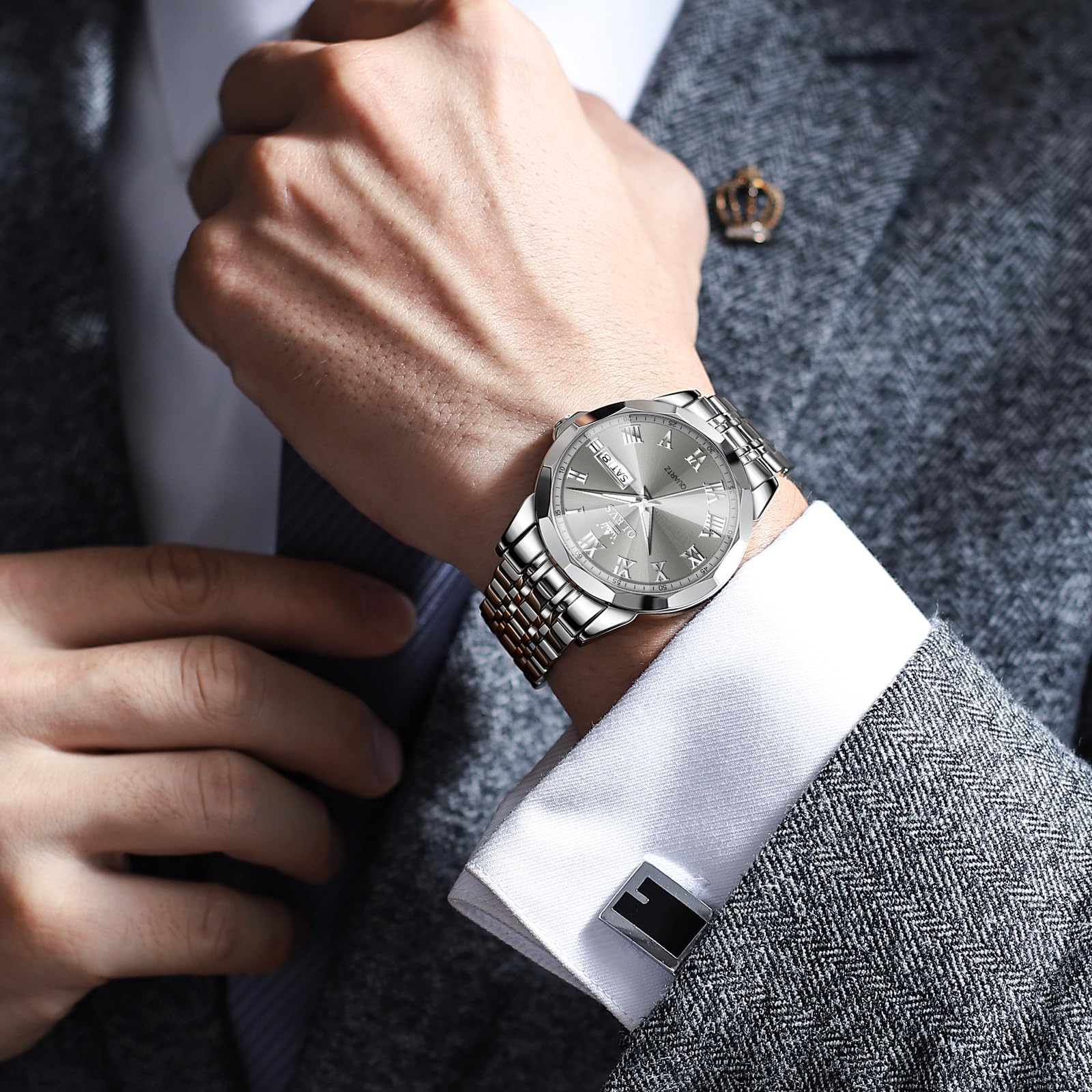 Luxury Men's Watches - OLEVS Stainless Steel Dress Watch with Date (Silver/Gold/Blue/Black) | Diamond/Roman/Arabic Numeral Dial | Waterproof for Swimming & Daily Wear | Perfect for Business, Formal & Casual Occasions