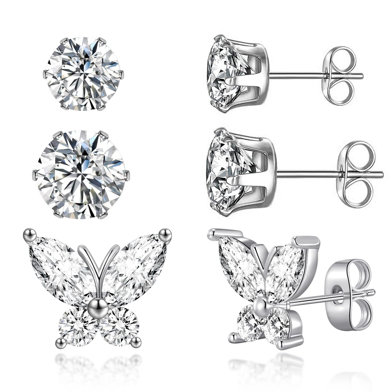 Ritach 925 Sterling Silver Stud Earrings Sets - 14K White Gold Plated Hypoallergenic Butterfly Cubic Zirconia Earrings for Women & Teen Girls | Perfect for Gifts, Parties & Everyday Wear