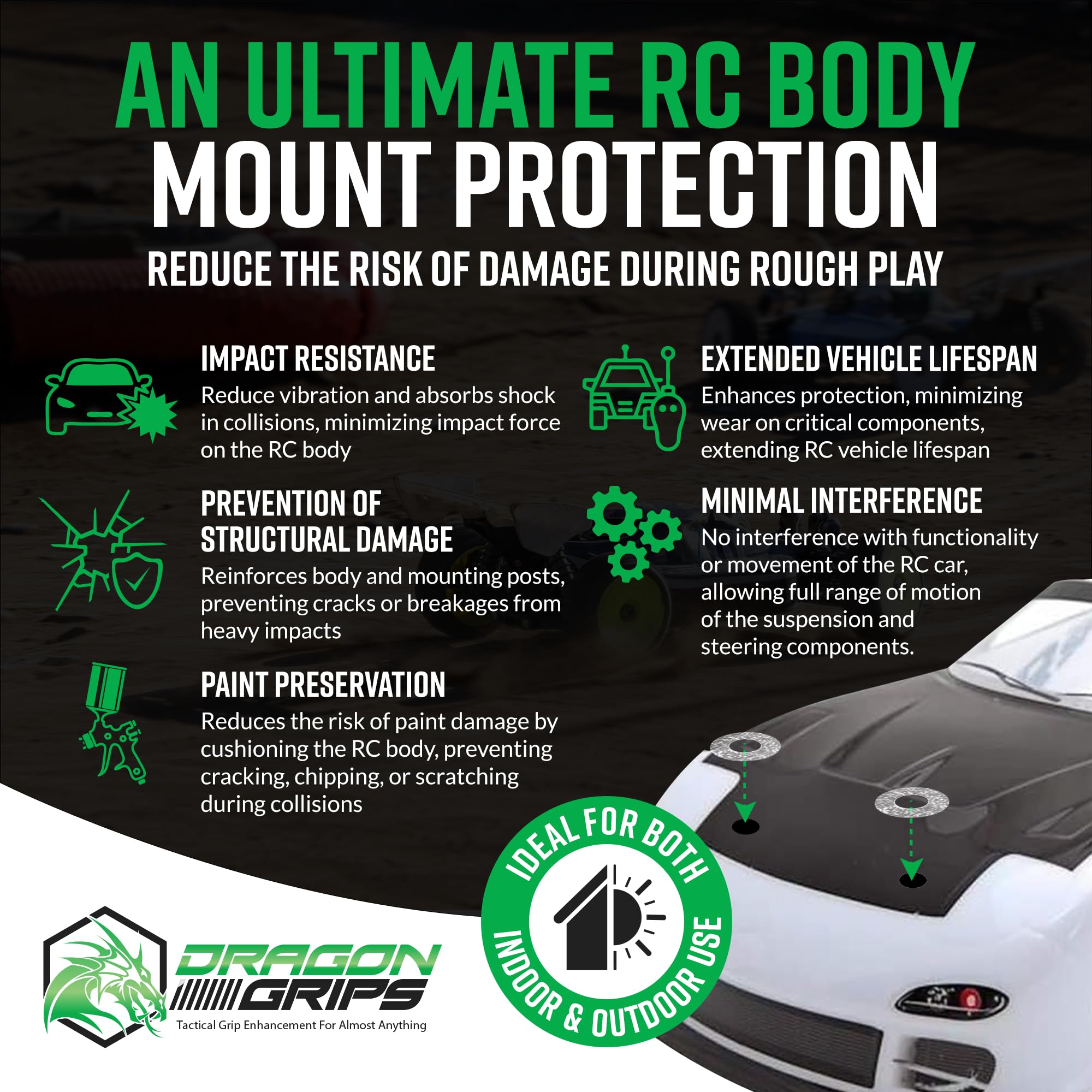 Dragon Grips RC Body Mounts Protection Kit - 49 Pcs Clear PVC Body Clips & Washers for RC Cars - Impact Protection for Body & Mounting - Perfect for Off-Road Bashing, Crawling & Racing
