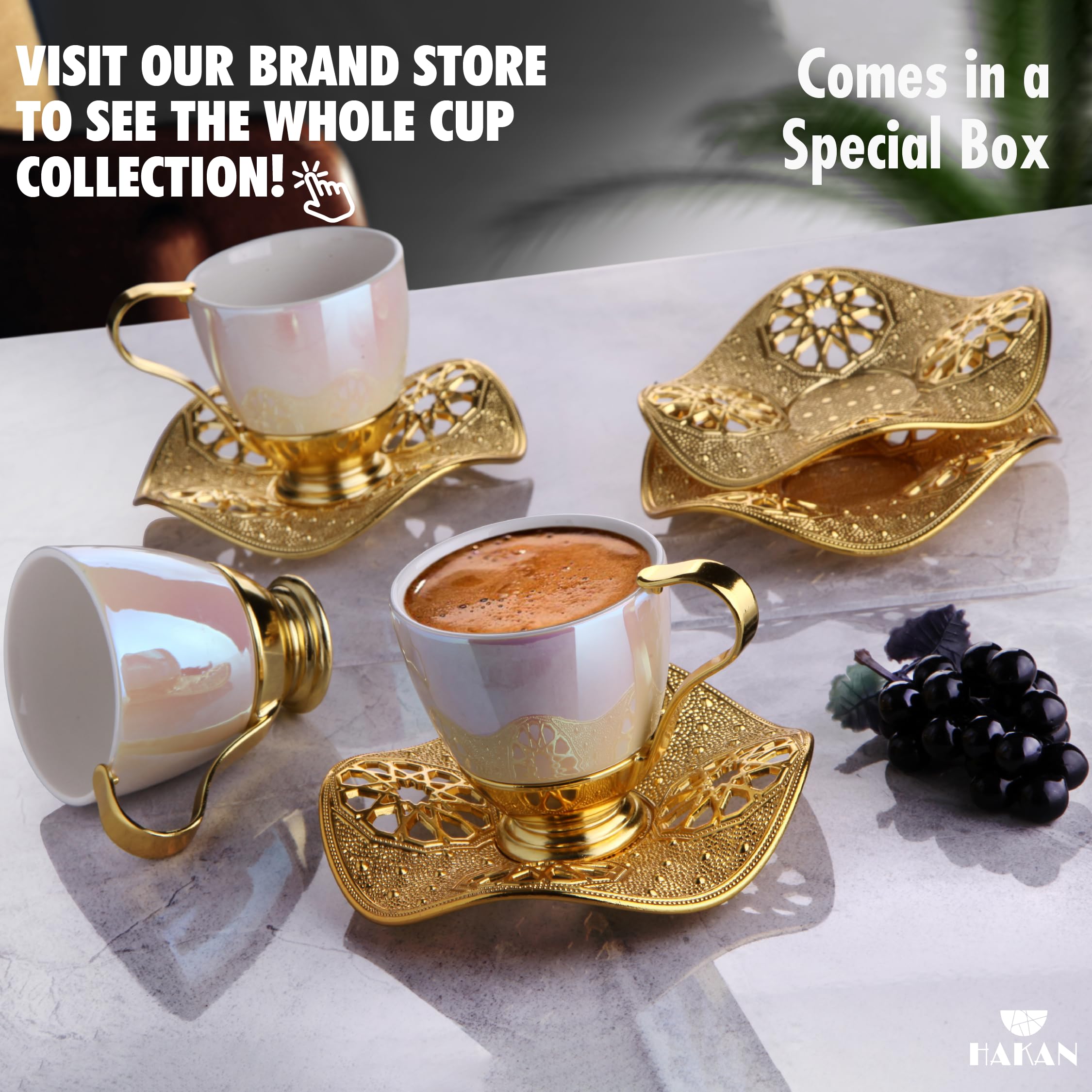 Premium Turkish Coffee Cup Set - 6 Elegant 3 oz Porcelain Mugs with Gold Handles & Wavy Saucers - Greek Arabic Espresso Tea Set (Pearl & Gold, 18-Piece, 88cc) - Perfect for Home Cafes, Gift Giving & Traditional Coffee Ceremonies
