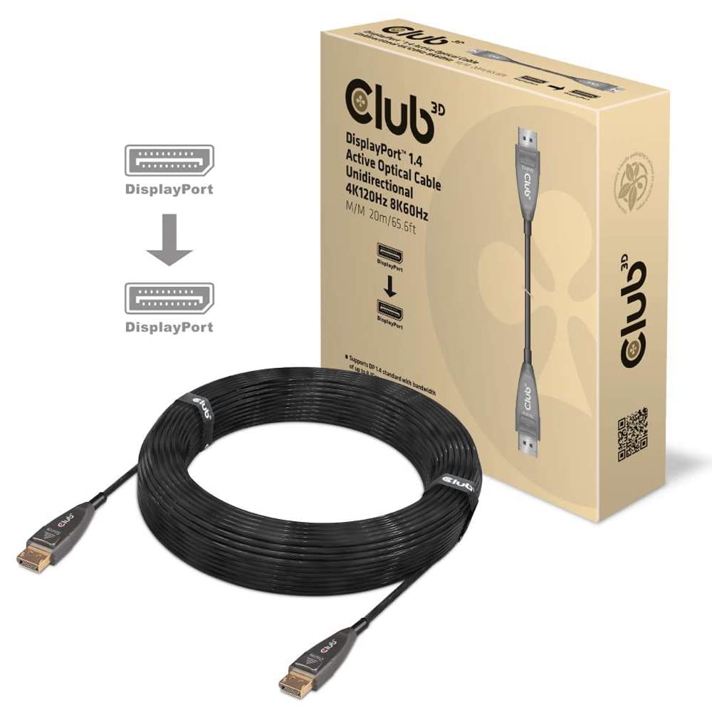 Club 3D DisplayPort 1.4 Active Optical Cable - 20m/65.62ft 8K@60Hz Unidirectional Male to Male - High-Speed 32.4Gbps DP Cable for Gaming, VR & 4K/8K Displays - Perfect for Home Theater & Professional AV Setups