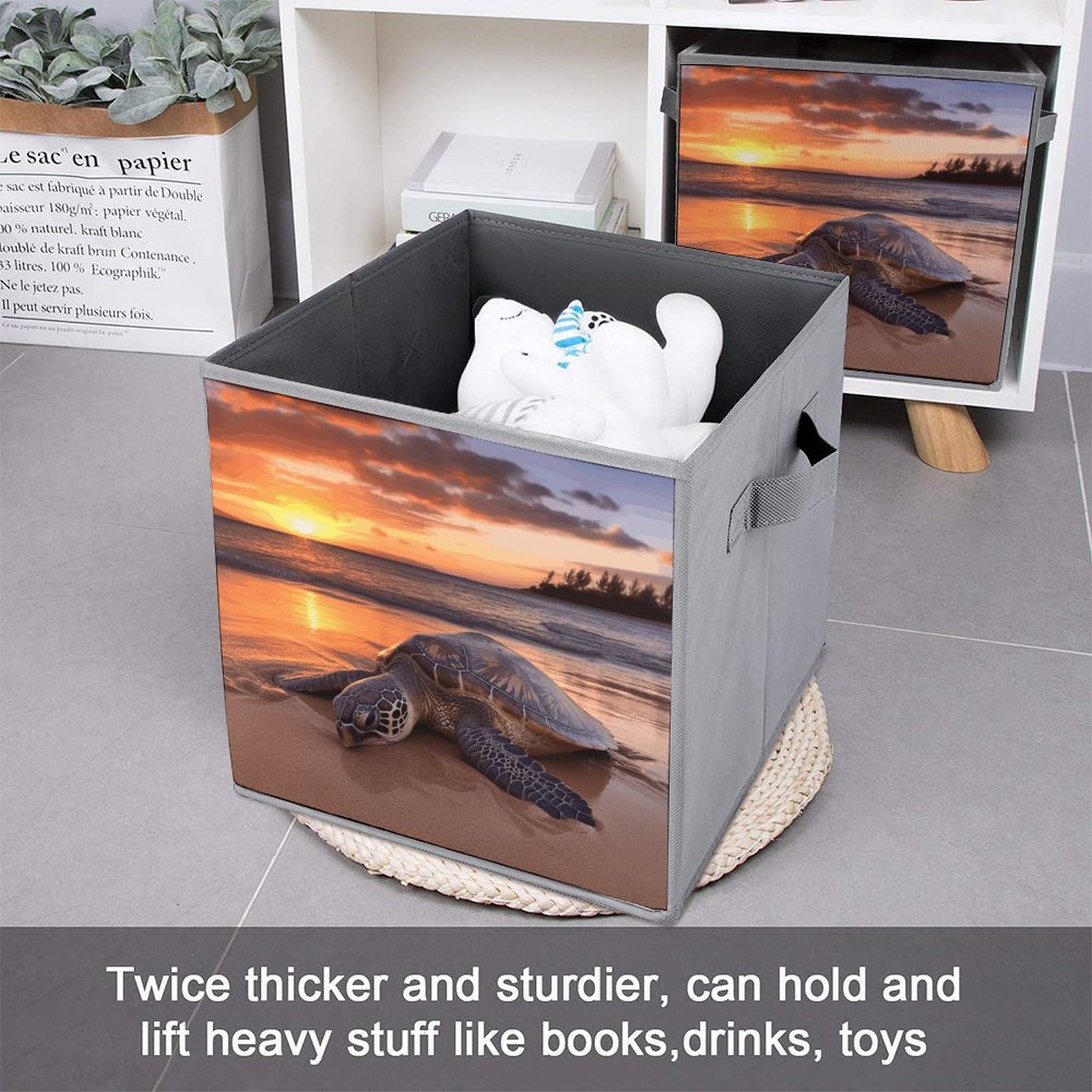 2-Pack Collapsible Fabric Storage Bins with Handles - Foldable Organizer Baskets for Clothes, Toys & Home Organization | Sea Turtle Sunset Design | Perfect for Closet, Nursery & Laundry Room Storage