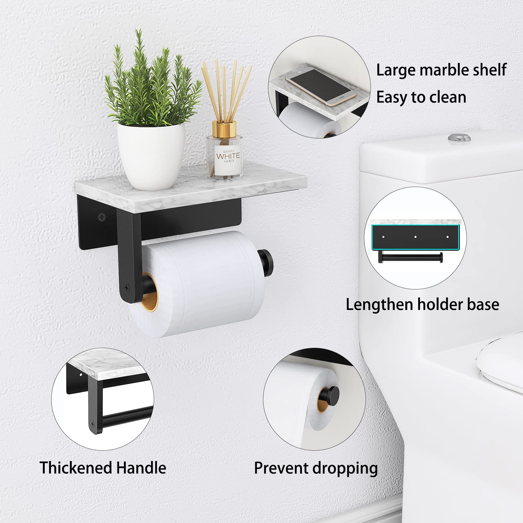 Premium Matte Black Marble Toilet Paper Holder with Shelf - 304 Stainless Steel Wall Mounted Bathroom Tissue Roll Holder - Perfect for Modern Bathrooms, Powder Rooms & Luxury Washrooms