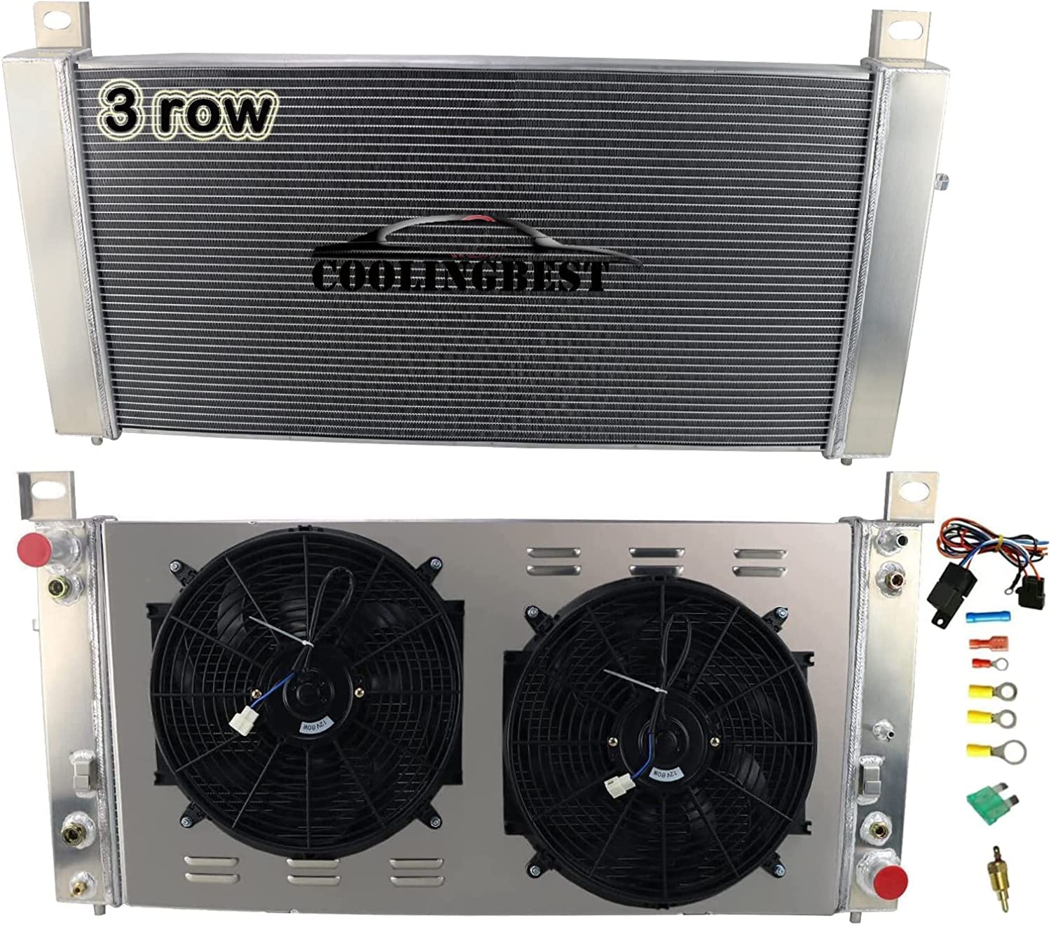34 Inch Aluminum Radiator with Fan Shroud & Thermostat Kit - Compatible with Chevy Avalanche/Tahoe/Silverado/Suburban 1500-3500 HD, GMC Yukon XL/Sierra, Hummer H2, Cadillac Escalade (1999-2014 Models) - Heavy Duty Cooling Solution for Towing & Off-Road Adventures