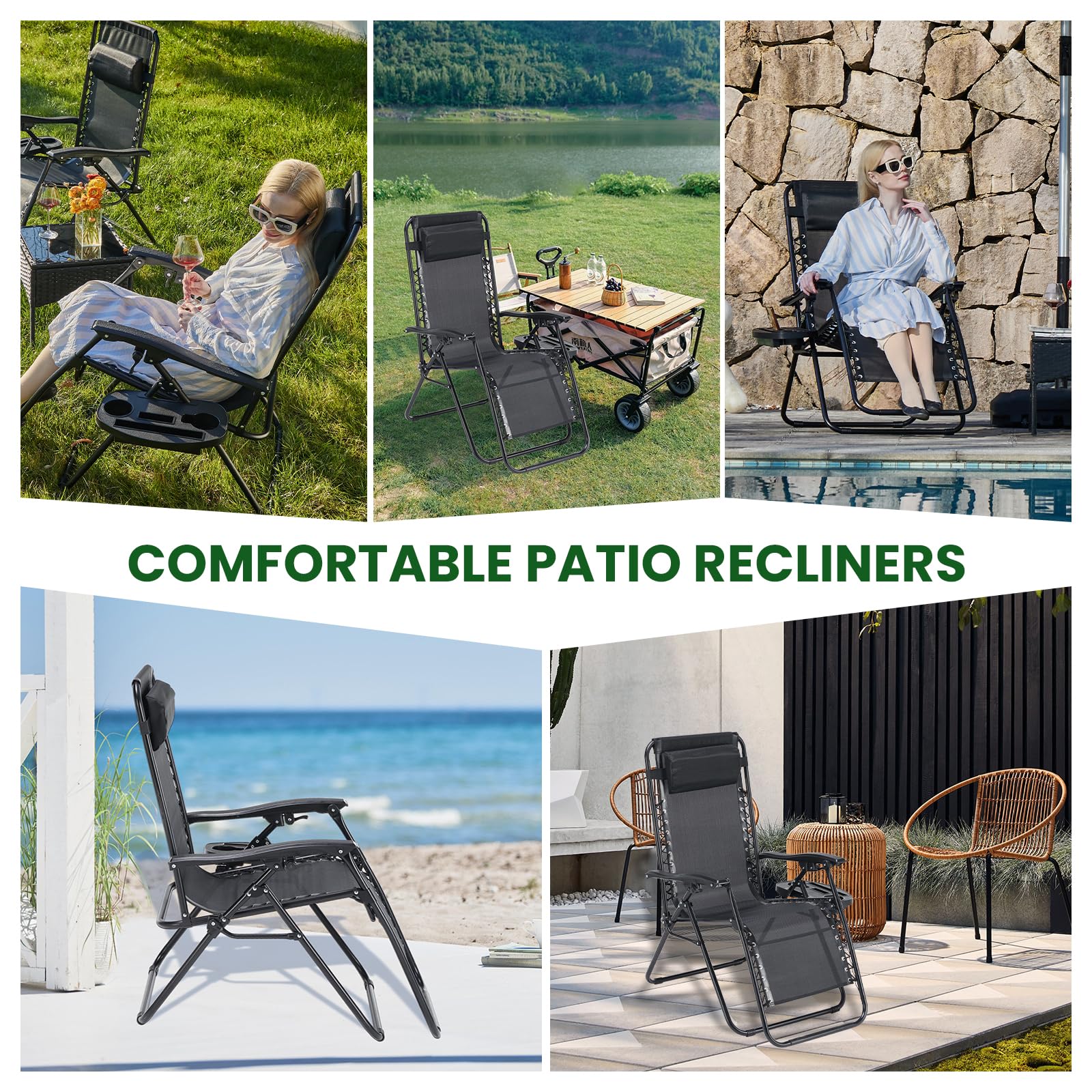 2 Pack Zero Gravity Lounge Chairs - Adjustable Ergonomic Recliners with Sturdy Steel Frame & Breathable Mesh Support - Outdoor Patio Folding Chairs for Pool, Beach, Backyard & Garden Relaxation - Includes Pillow & Cup Holder (Classic Black)