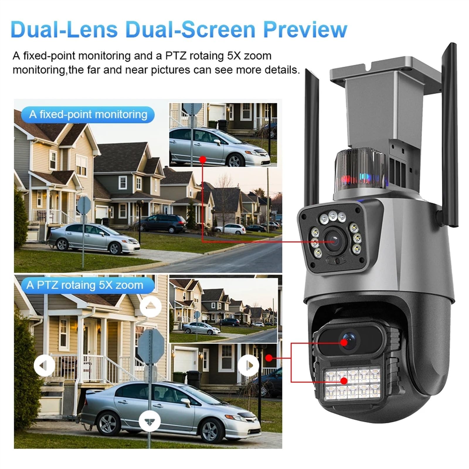 **JOLIANE 8MP 4K Dual Lens PTZ Security Camera with Police Light Alarm, Outdoor Waterproof, Dual Screen, Night Vision – Includes 128GB Card for Home & Business Surveillance**    *(Ideal for Monitoring Driveways, Backyards, Offices, and Enhancing Security with Motion Detection & Remote Access)*