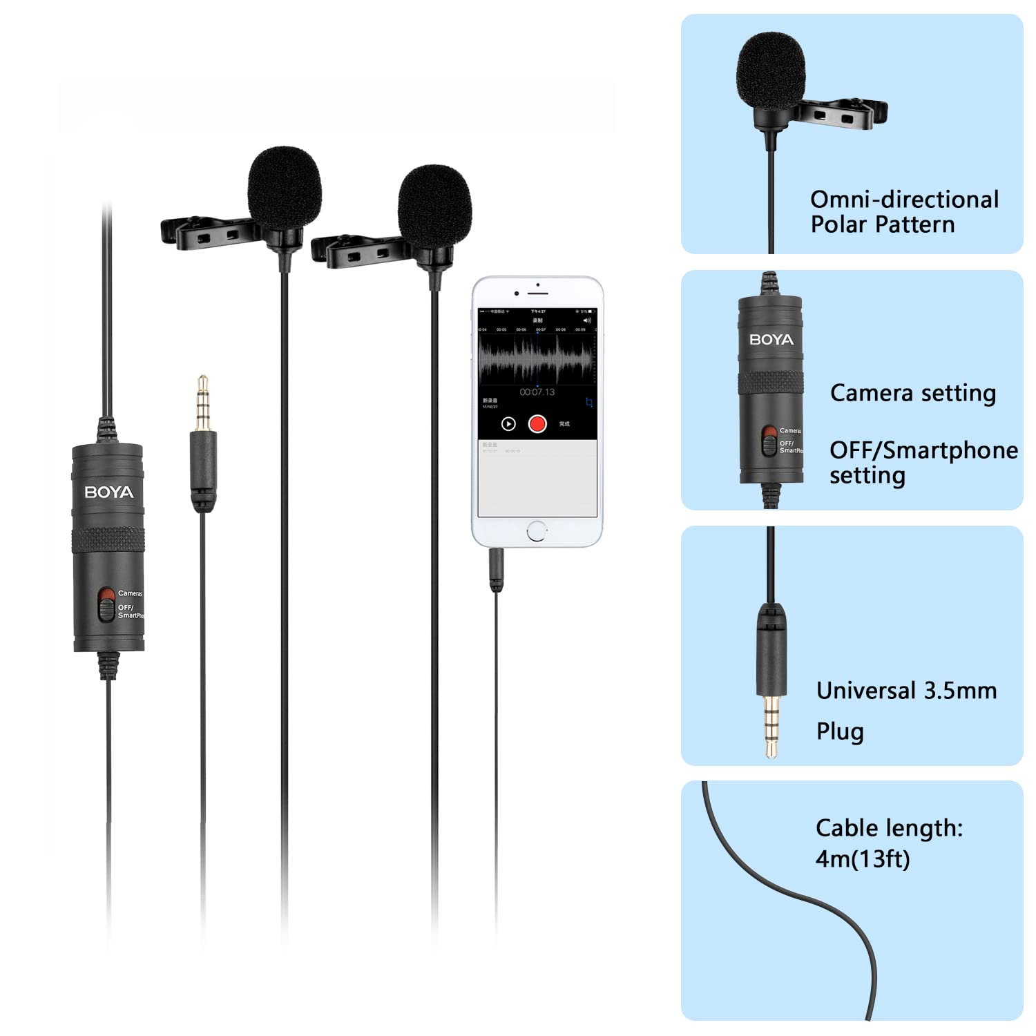 BOYA BY-M1DM Dual Head Lavalier Microphone - 13ft Omnidirectional Clip-on Mic for iPhone, Android, DSLR - Perfect for YouTube Vlogging, Interviews & Podcasting - Ideal for Content Creators, Journalists & Live Streamers
