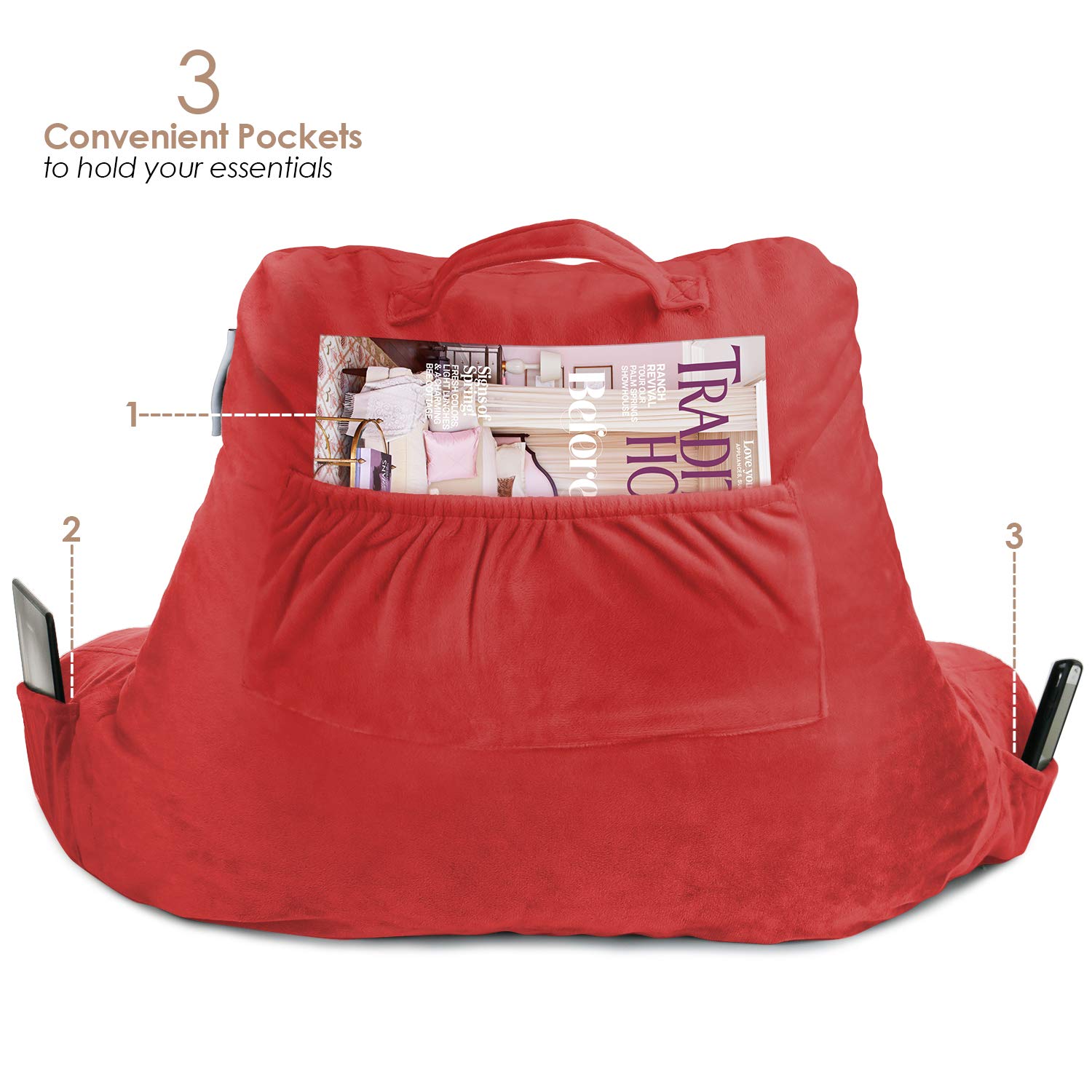 Nestl Reading Pillow - Shredded Memory Foam Back Support Pillow for Sitting in Bed, Reading, or Relaxing - Cherry Red Bed Chair Pillow with Pockets - Perfect for Reading, Watching TV, or Lounging in Bed