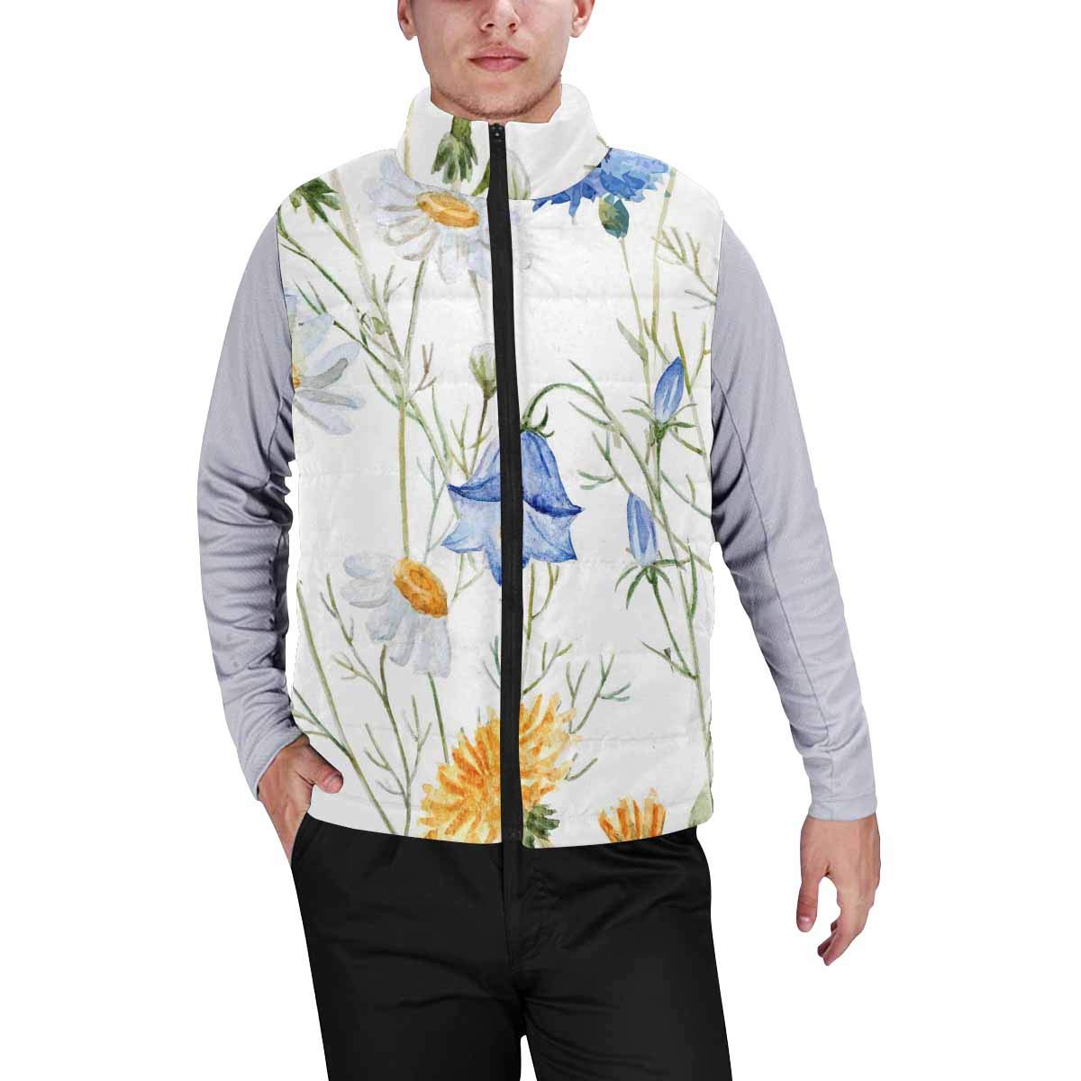 InterestPrint Men's Outdoor Casual Stand Collar Padded Vest Coat - Watercolor Dandelion Wildflower Design | Lightweight Warm Jacket for Hiking, Camping & Winter Fashion