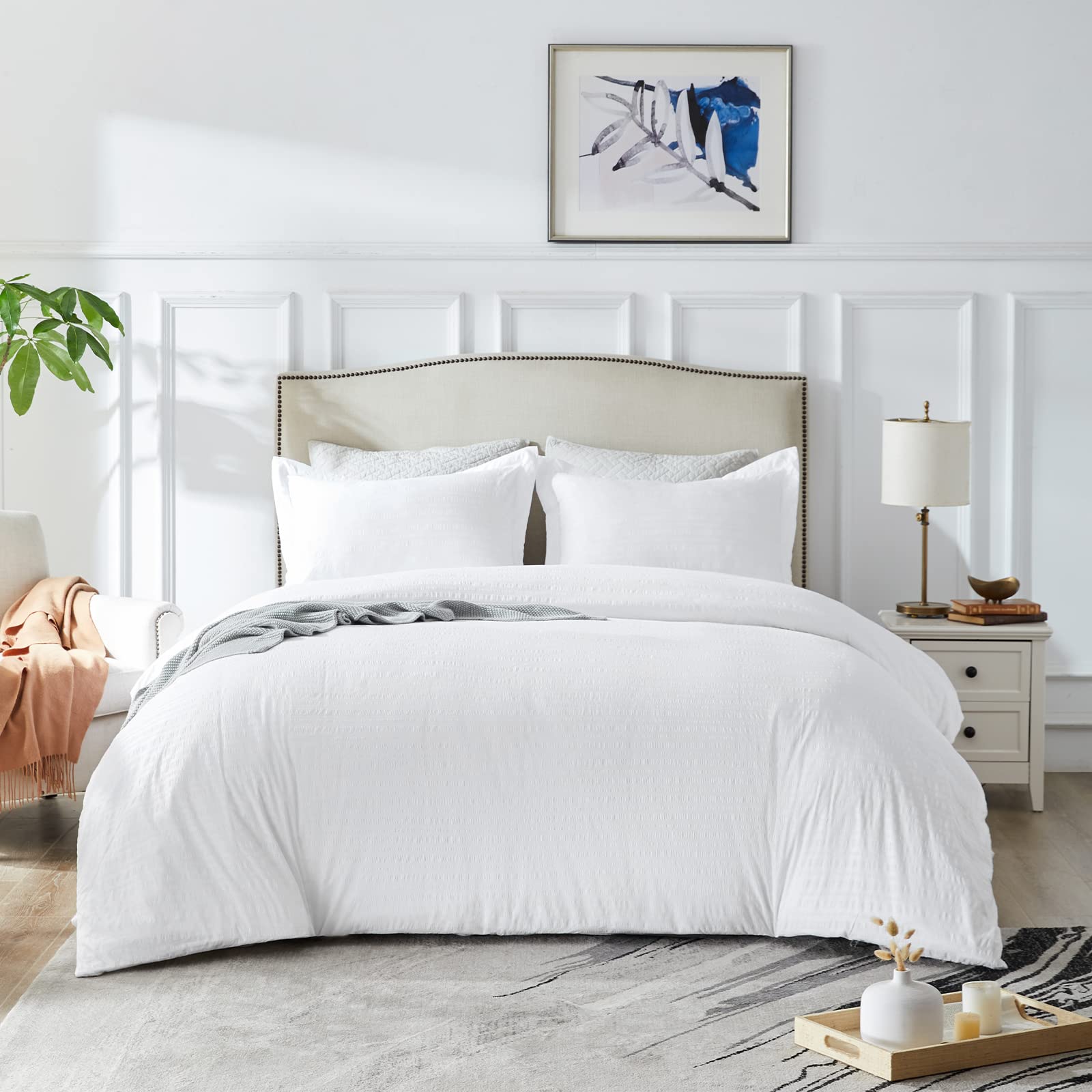 JUCFHY 3-Piece Textured Duvet Cover Set - King Size White Seersucker Bedding with Zipper Closure | 100% Washed Microfiber Luxury Hotel Quality (1 Duvet Cover + 2 Pillowcases) for Master Bedroom & Guest Room Decor