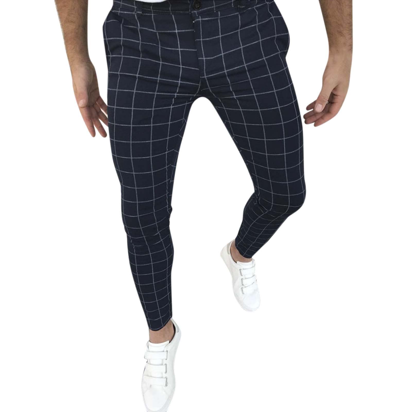 Men's Slim Fit Plaid Print Zip-Up Casual Long Pants - Comfortable Work, Hiking & Lounge Sweatpants | Perfect for Office, Outdoor Adventures & Relaxing at Home