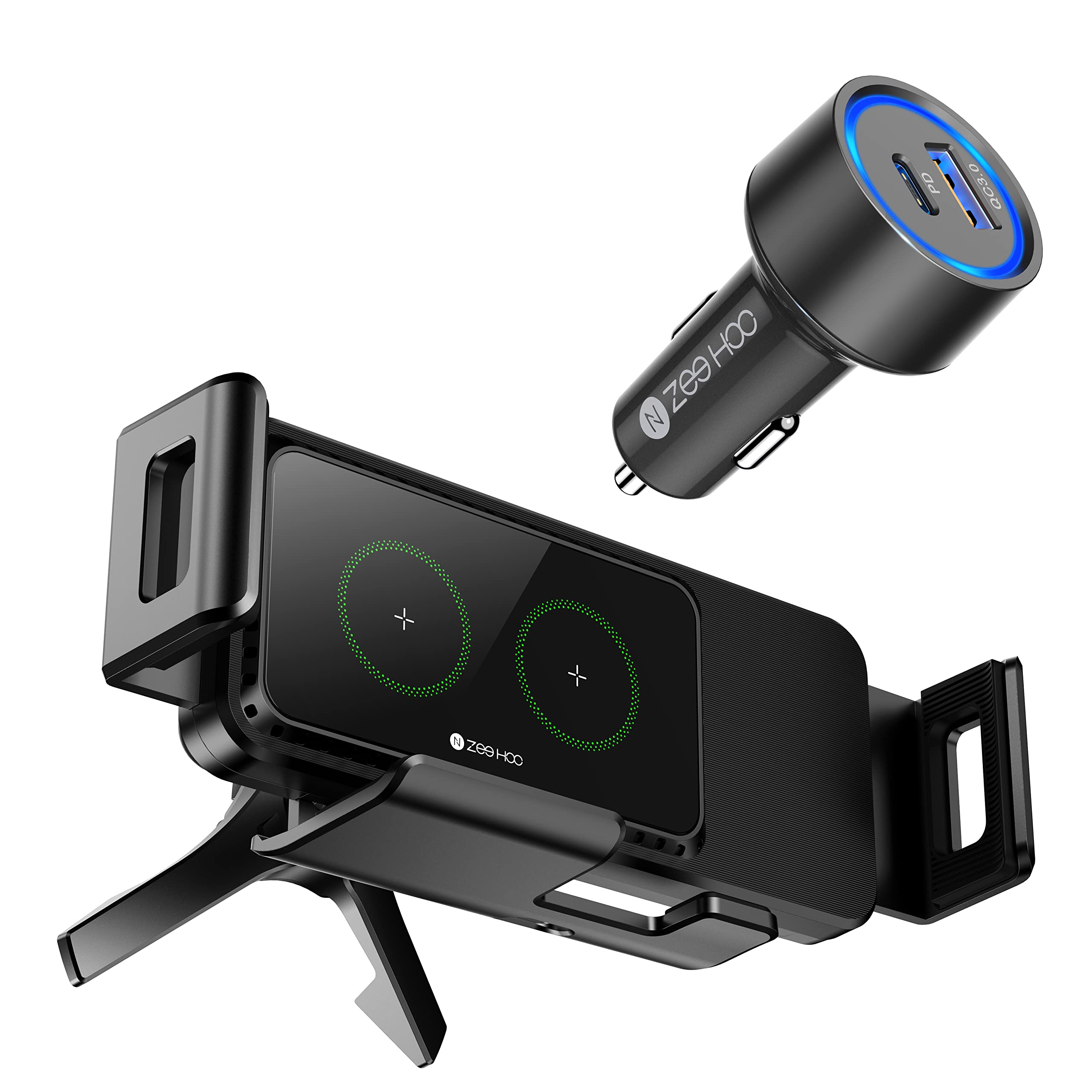 ZeeHoo 15W Wireless Car Charger with Dual Coils & Auto-Clamping - Qi Fast Charging Air Vent Phone Holder for Samsung Z Fold/S21 Plus - Includes 45W USB C Car Charger Adapter with QC 3.0 - Perfect for Road Trips & Daily Commutes