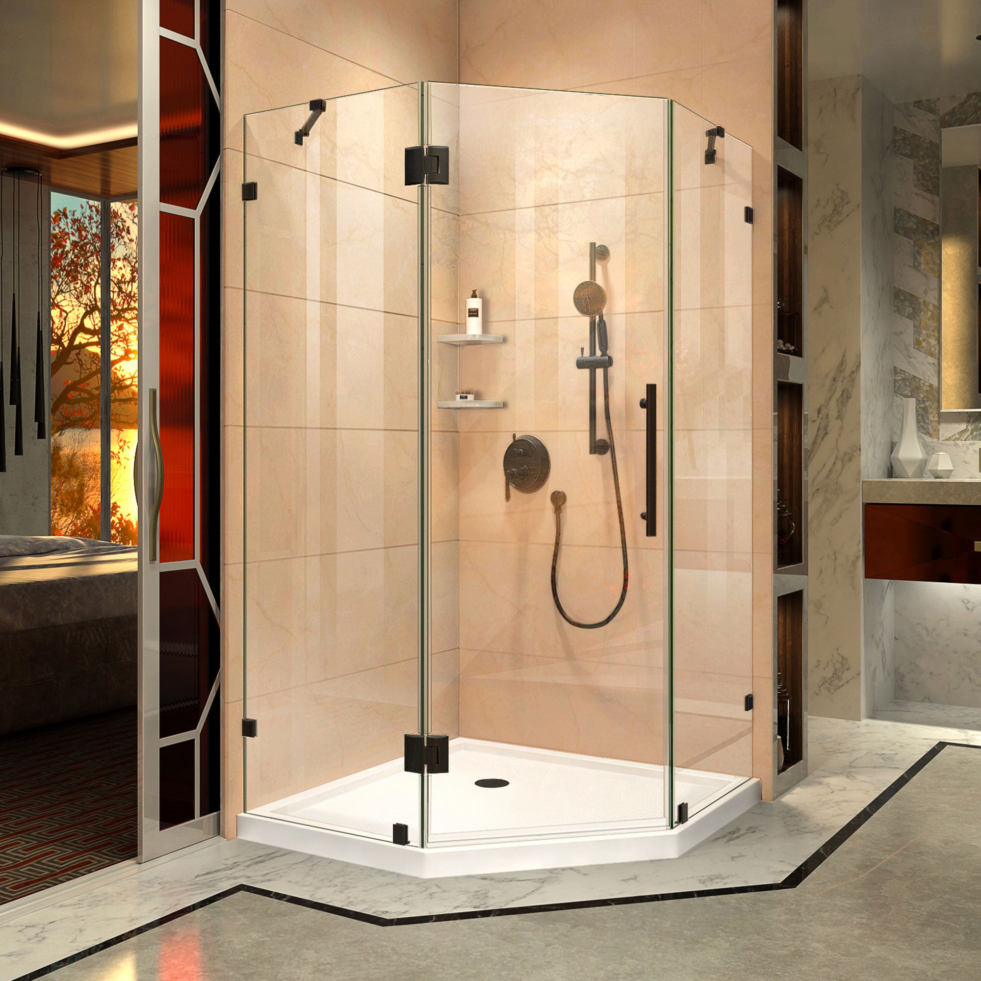 DreamLine Prism Lux 42x42x74.75 Inch Frameless Hinged Shower Enclosure with SlimLine Base Kit - Modern Bathroom Upgrade for Small Spaces, Perfect for Apartments & Master Bathrooms