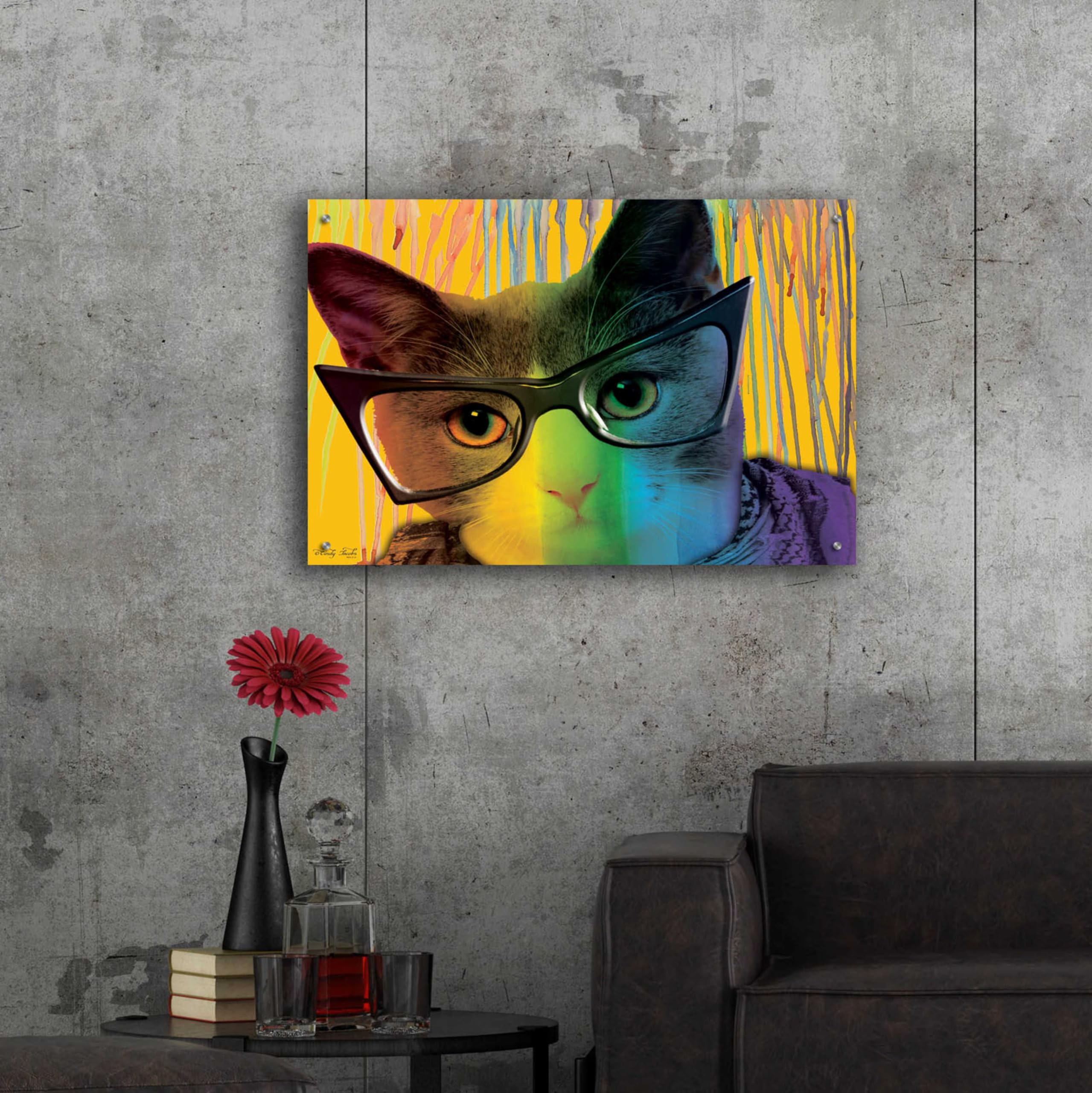 Epic 'Cat in Glasses' Acrylic Wall Art by Cindy Jacobs - 36x24 Inch Modern Home Decor - Perfect for Living Room, Bedroom & Office