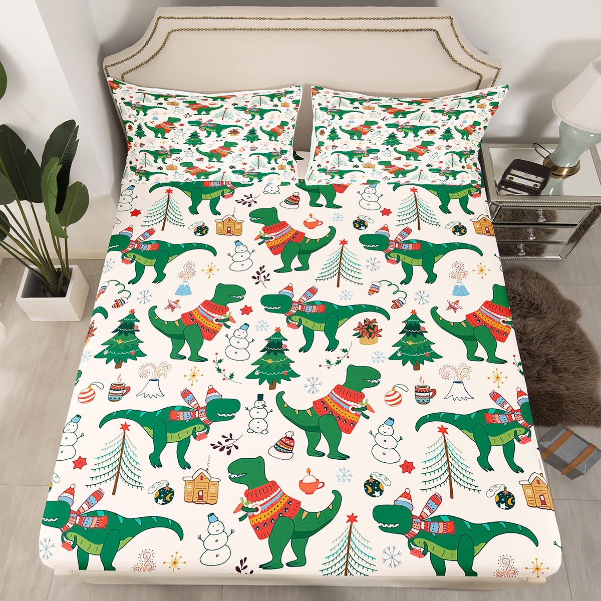 Dinosaur & Snowman Christmas Bed Sheets Set for Kids - Twin Size 3Pcs with Deep Pocket Fitted Sheet - Holiday Themed Bedroom Decor for Boys & Girls - Perfect for Xmas, New Year & Winter Season Bedding