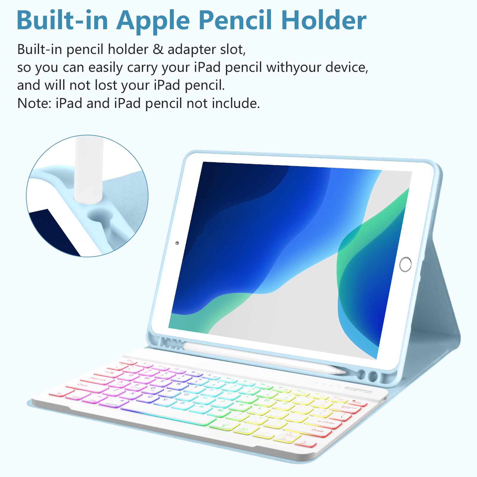 MORECOO iPad 9th Generation Case with Backlit Wireless Keyboard - 7 Color LED, Pencil Holder, Compatible with 10.2