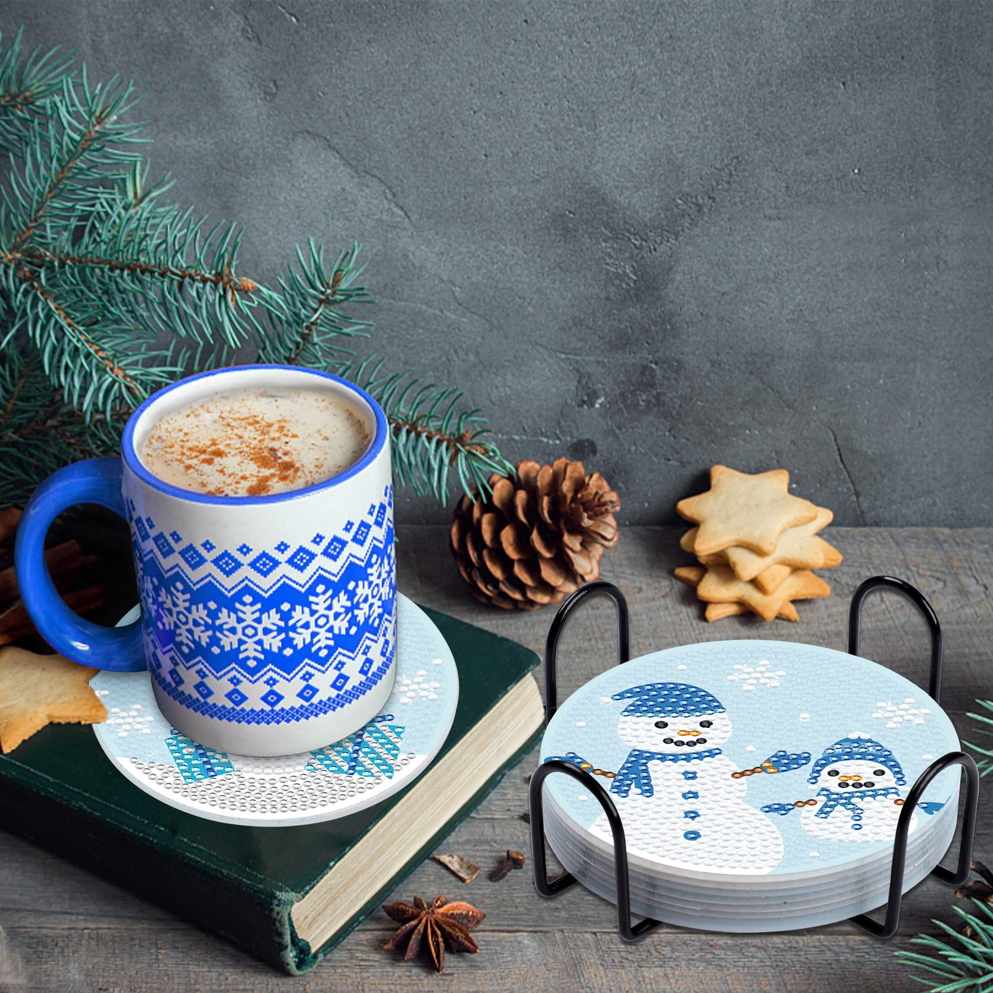8 PCS Snowman Diamond Painting Coasters - 5D Diamond Art Winter Coasters with Cork Base & Holder - Christmas Party Decor, DIY Craft for Beginners & Adults - Perfect for Holiday Gifts, Home Decor & Table Setting