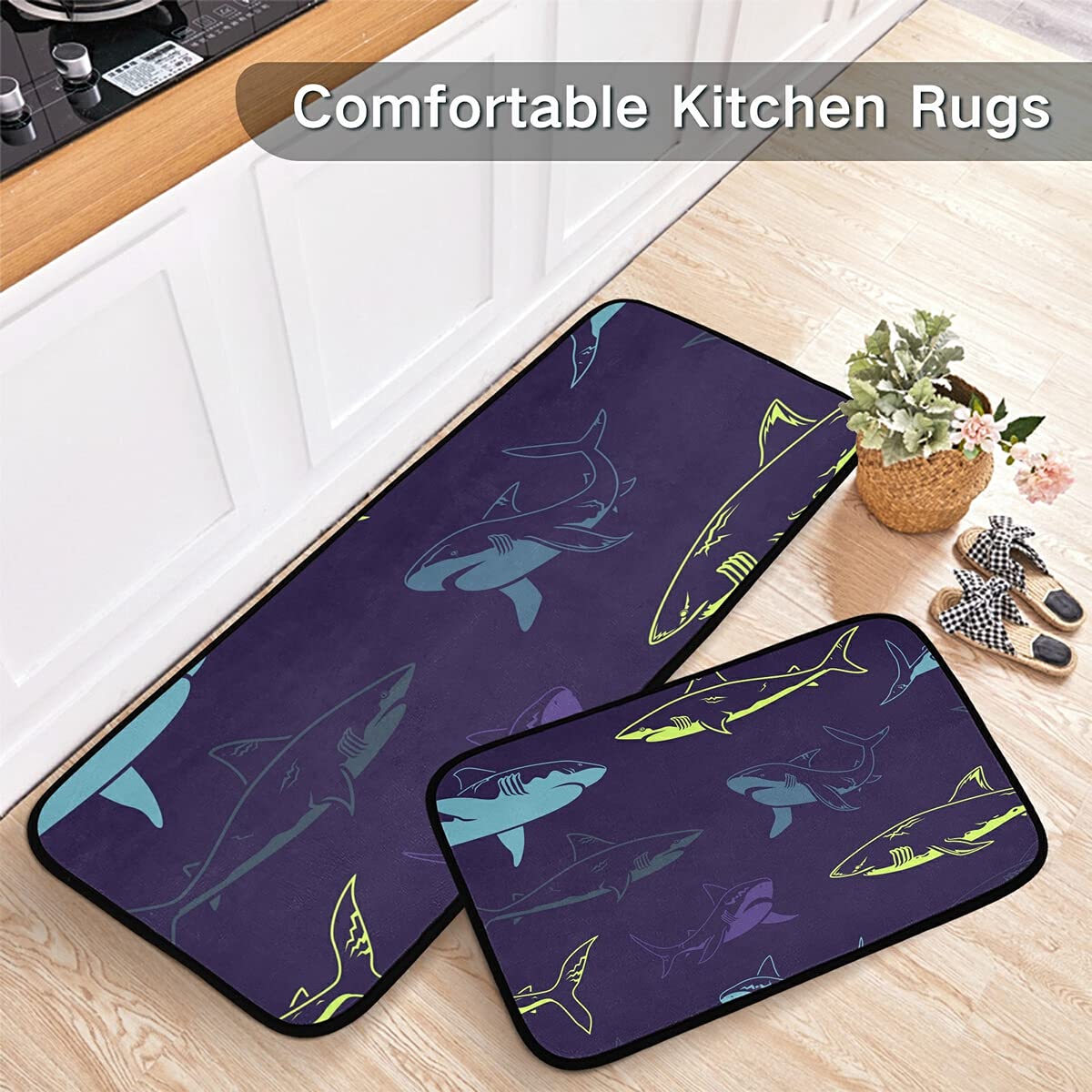Abstract Shark Kitchen Rugs and Mats Set - 2 Piece Non-Slip Washable Runner Rug for Kitchen Floor, Laundry Room, Bathroom, and Home Decor