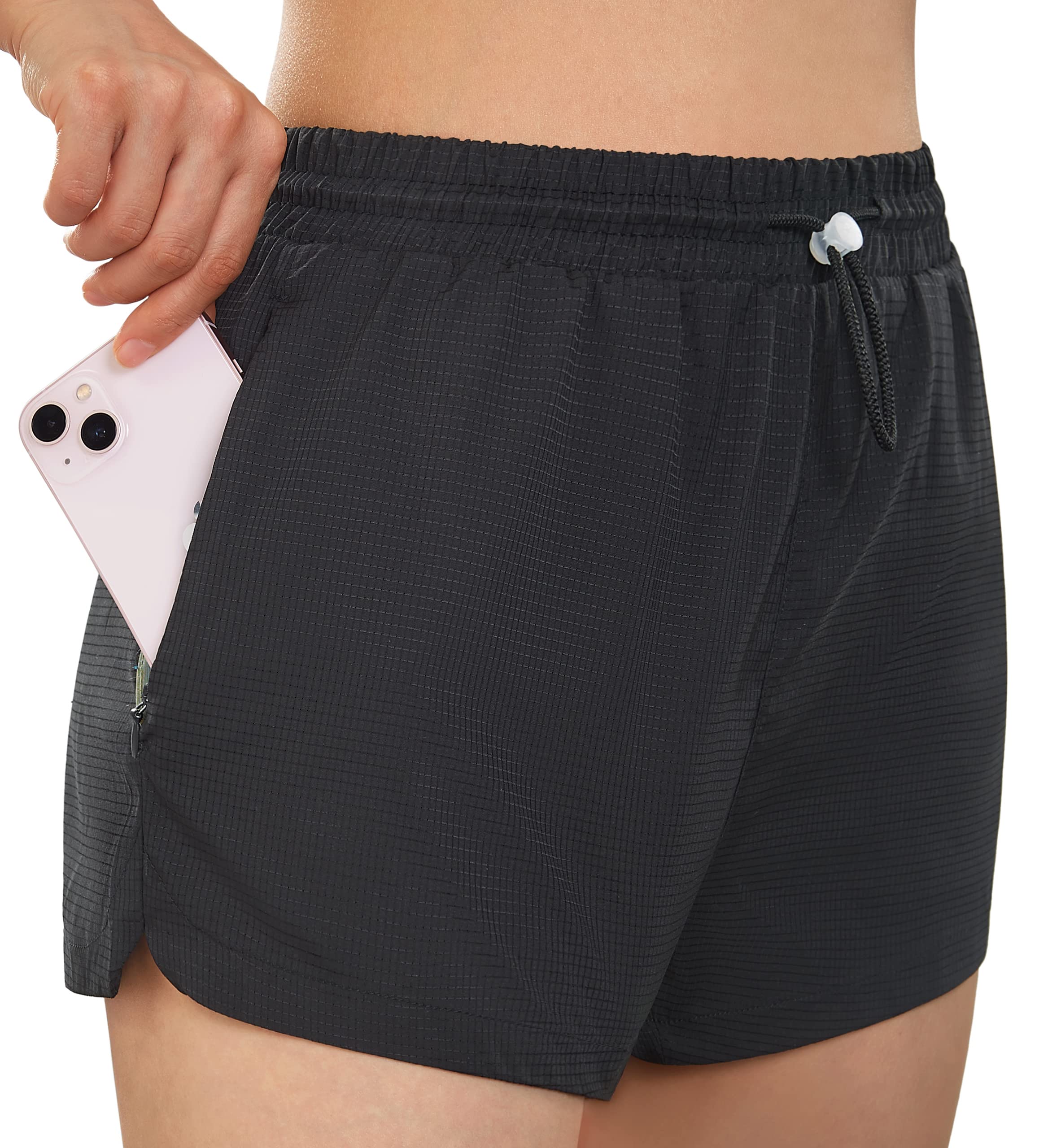 PERSIT Women's Quick Dry Running Shorts - Athletic Workout Shorts with Drawstring & 2 Side Zipper Pockets - Lightweight Breathable Gym Shorts for Jogging, Yoga, and Outdoor Sports