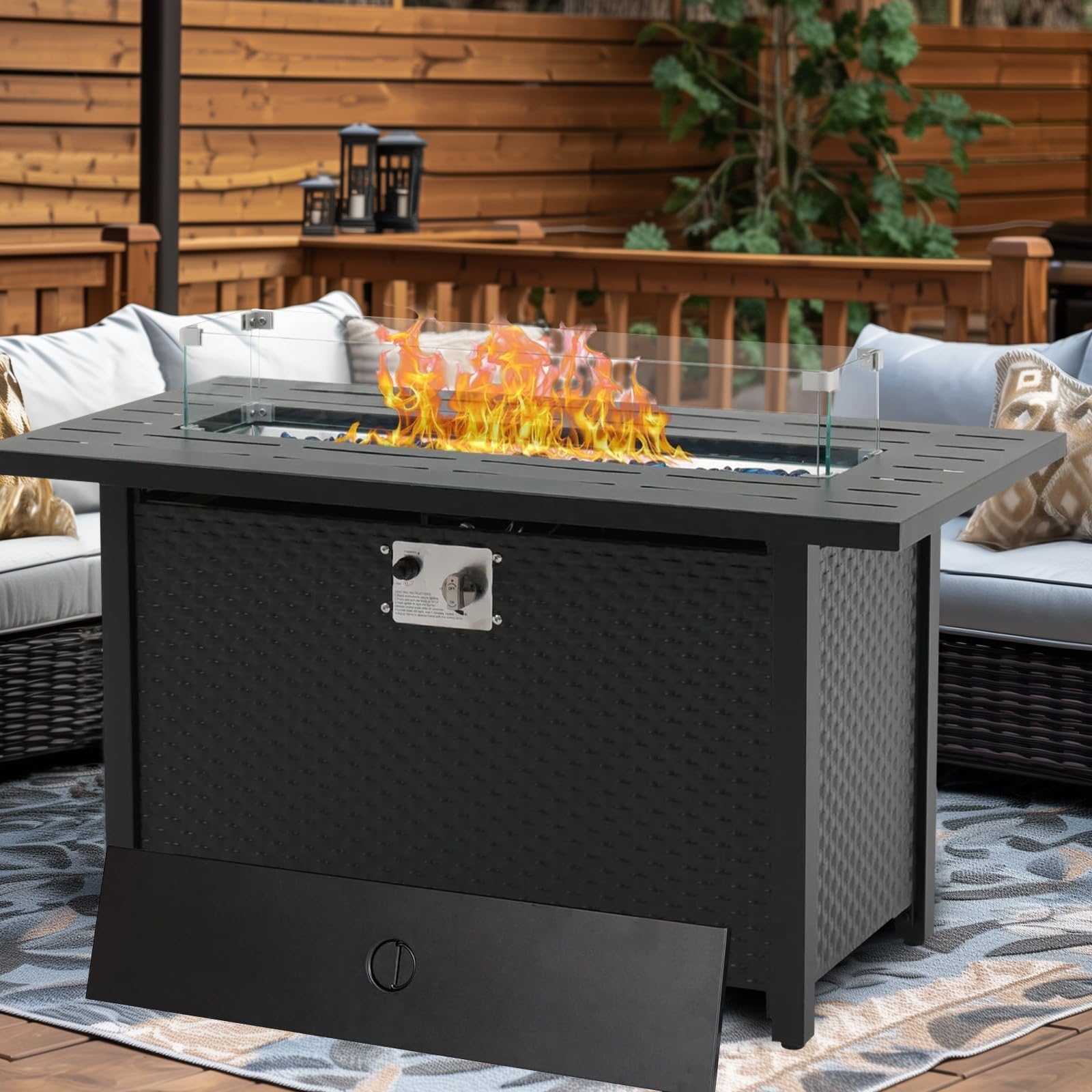 Yangming 45-Inch Square Propane Fire Pit Table - 50,000 BTU Outdoor Gas Firepit with Steel Tabletop, Glass Wind Guard & Blue Glass Stones - Waterproof Cover Included - Perfect for Garden, Patio, Deck, Backyard & Outdoor Entertaining