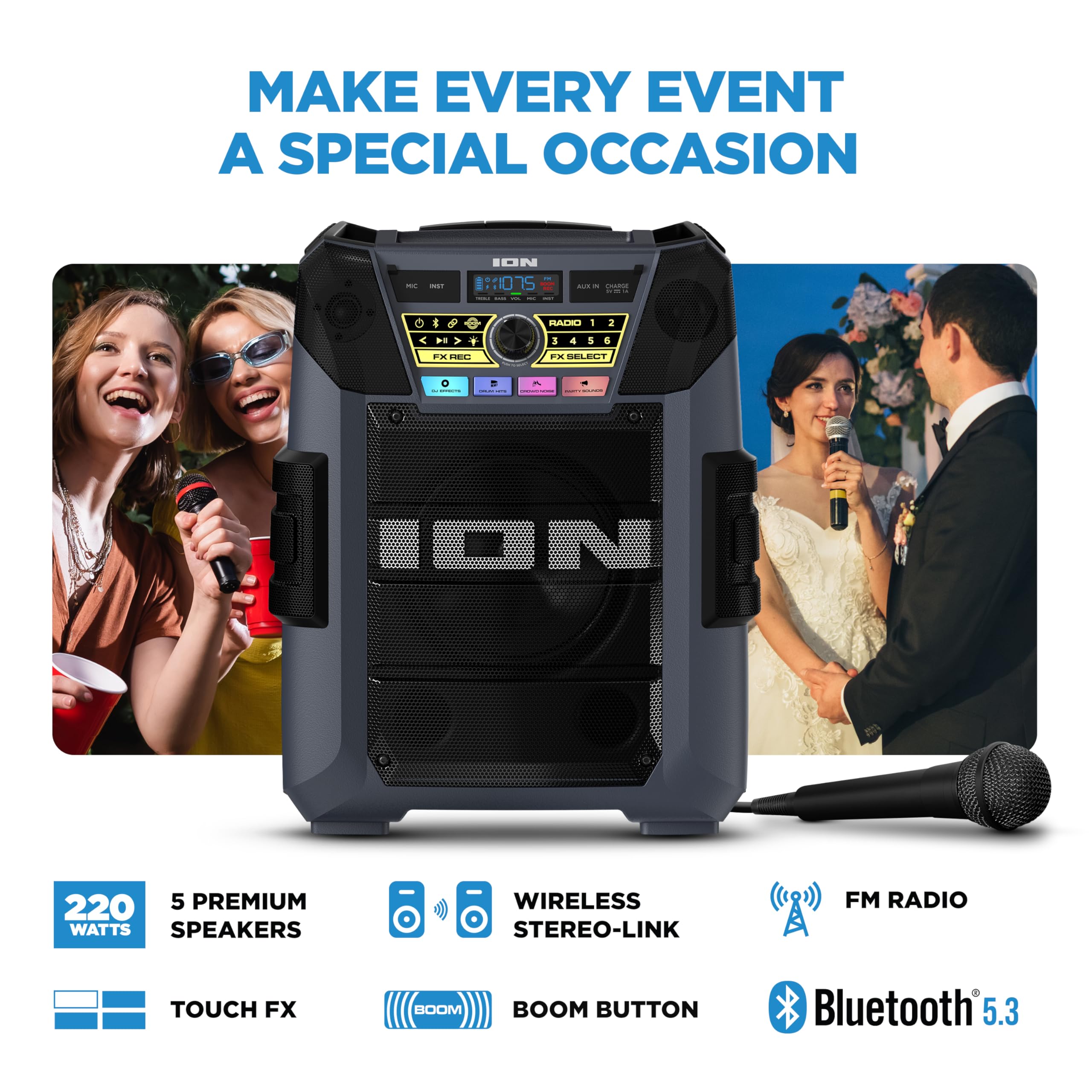 ION Block Rocker XL - 220W Portable Bluetooth Party Speaker with Karaoke Mic, Rechargeable Battery, 5 Speakers, LED Lights, FM Radio, USB Charging & App - Perfect for Outdoor Events, Beach Parties, Backyard BBQs and Tailgating
