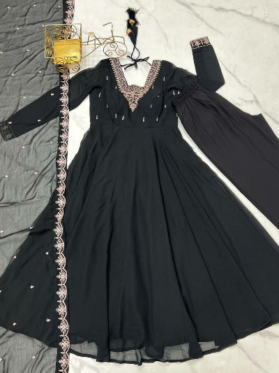 Elegant Black Soft Georgette Embroidered Anarkali Suit Set for Women | Traditional Indian Party Wear | Perfect for Weddings, Festivals & Special Occasions