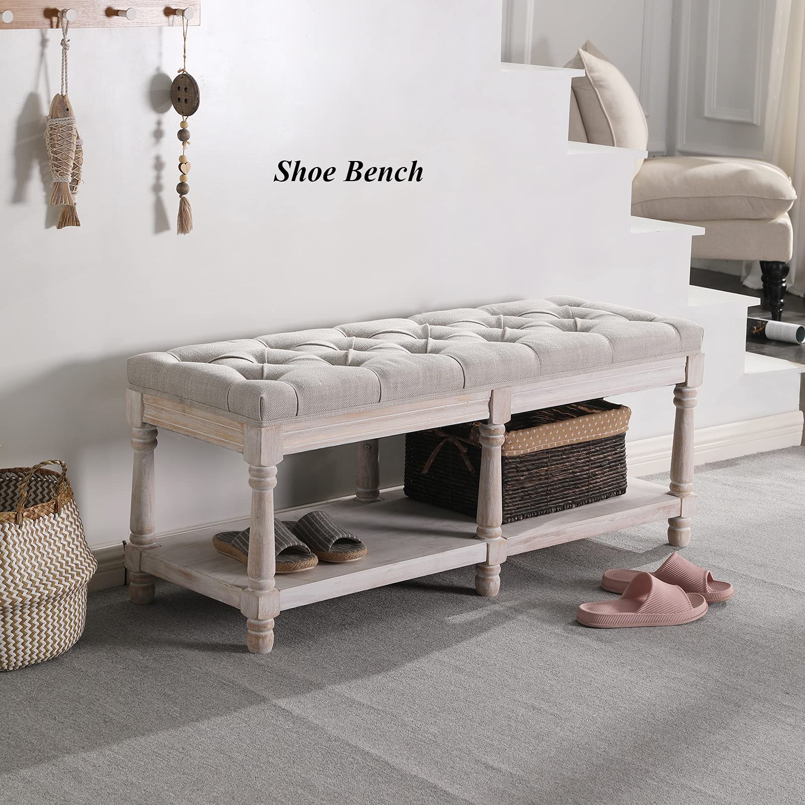 Mid Century Tufted Storage Bench with Shelf - Linen Upholstered Farmhouse Entryway Shoe Bench Ottoman - Rustic Padded Seat Stool for Bedroom, Living Room & Dining Room - Beige - Perfect for Entryway Organization, Bedroom Seating & Living Room Decor