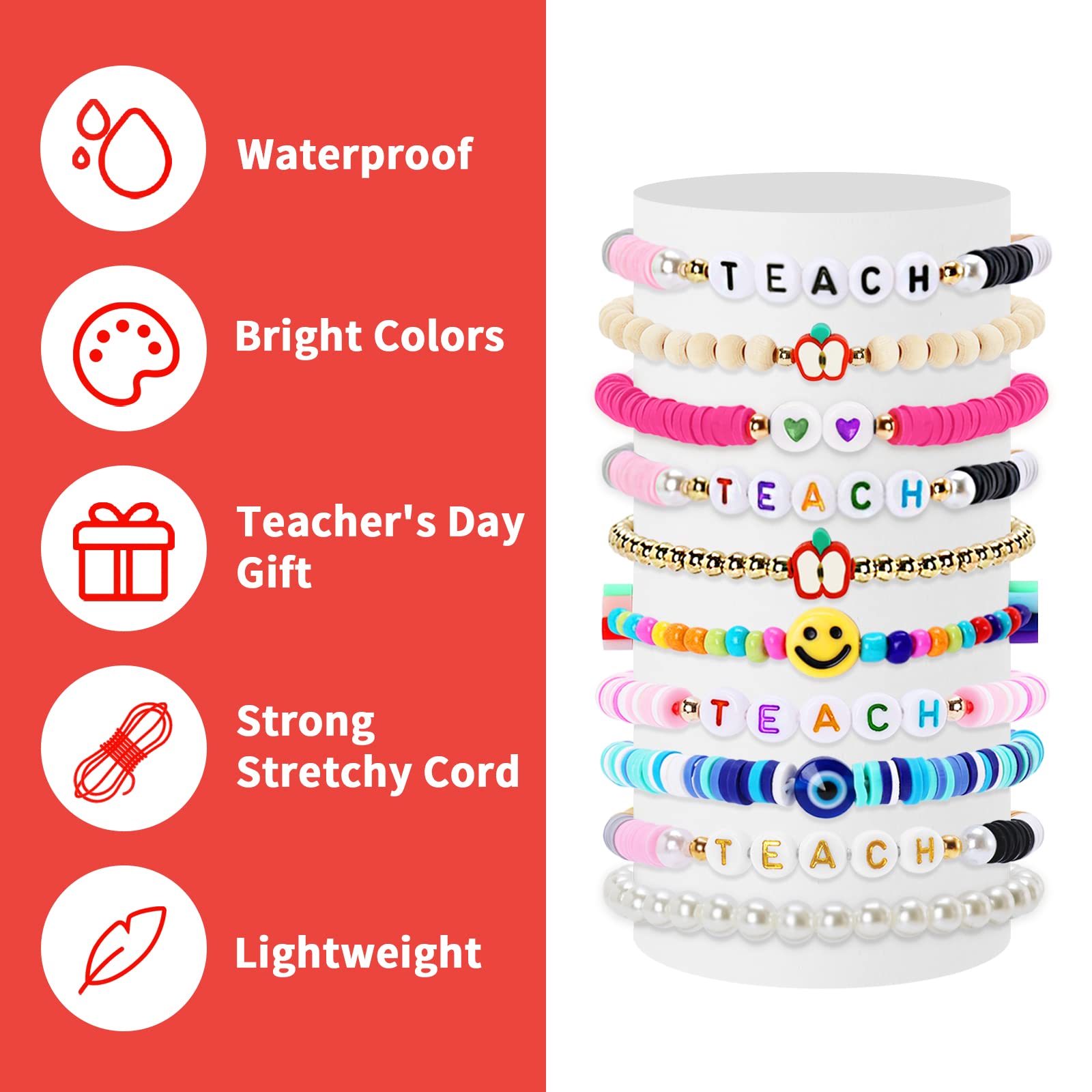 12 PCS Teacher Appreciation Bracelets for Women - Preppy Heishi Clay Beaded Bulk Bracelets - Thank You Gifts for Teachers, Staff, Educators - Perfect for Teacher Appreciation Week, End of Year Gifts, Classroom Rewards