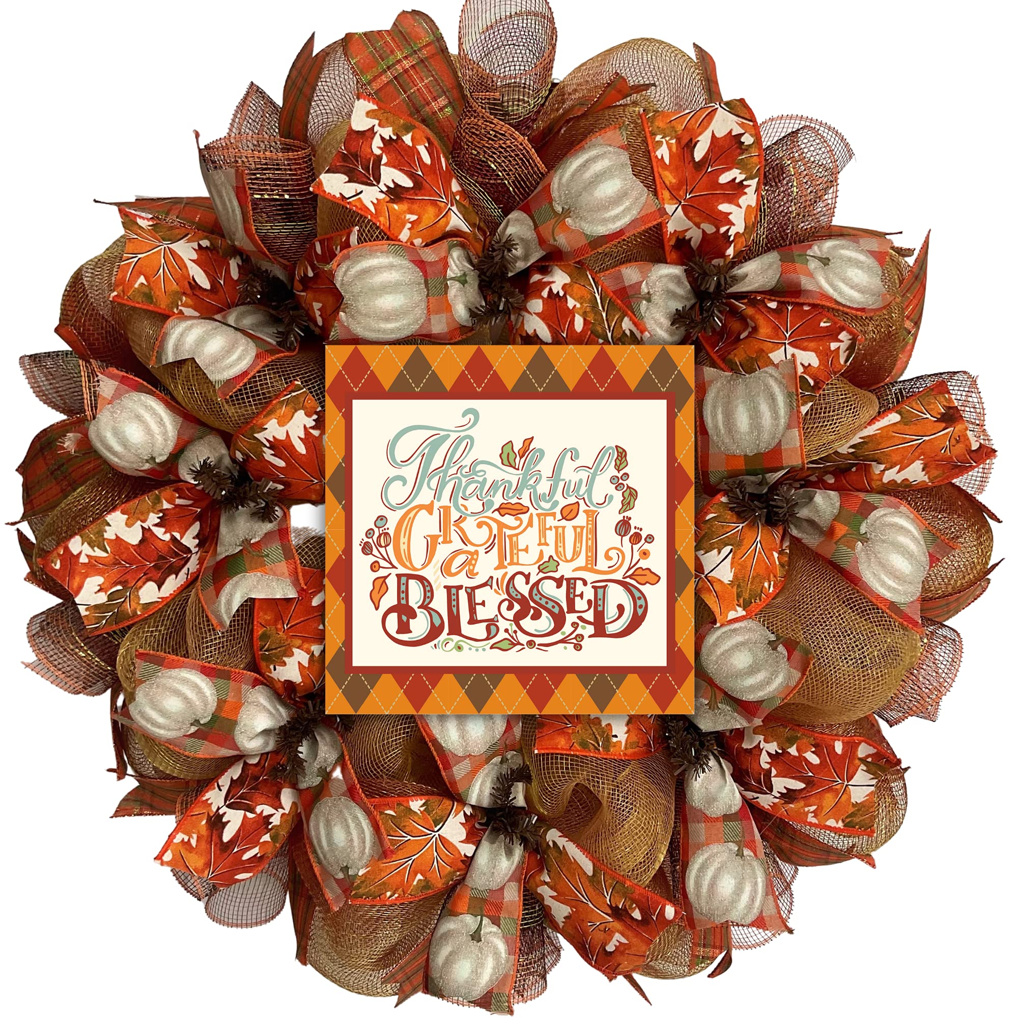 Handmade Thanksgiving Harvest Deco Mesh Wreath - 24 & 28 Inch Grateful Blessed Decor for Front Door, Mantel & Holiday Home Decor
