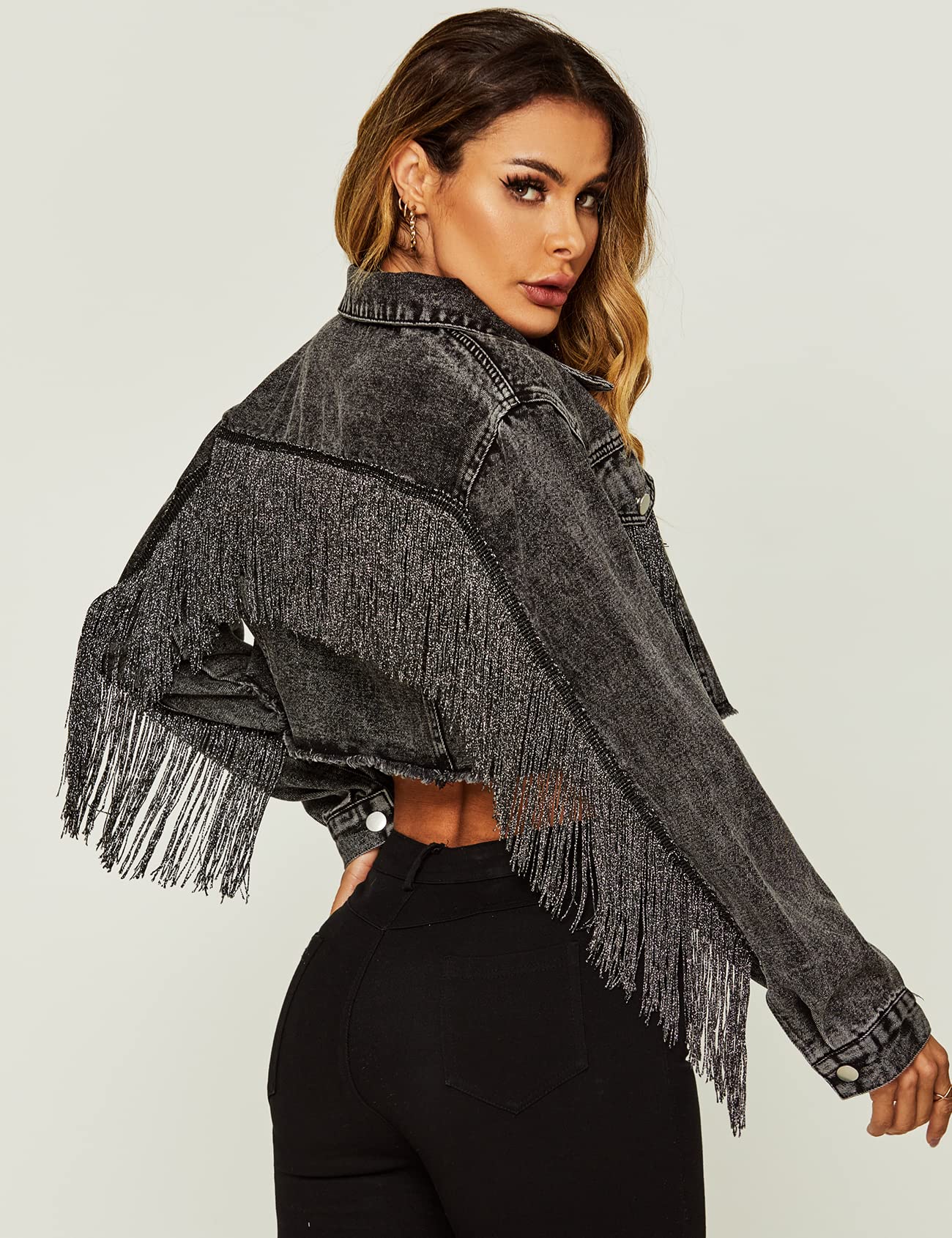 Flygo Women's Fringe Denim Jacket - Button Down Raw Hem Tassel Crop Jacket for Women | Stylish Distressed Jean Jacket for Casual Outfits, Music Festivals & Boho Fashion