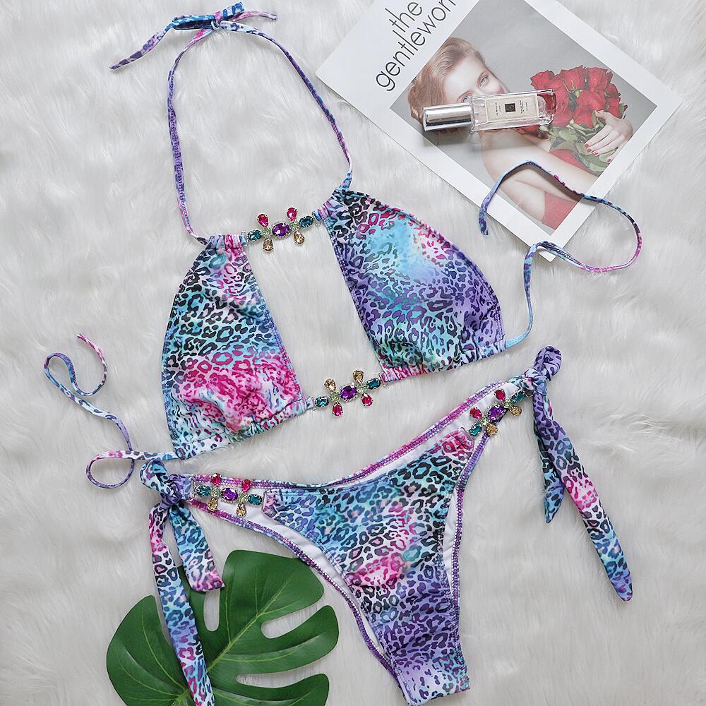 Sexy Hollow Leopard Print Bikini Set with Crystal Diamond Accents - Women's Luxe Swimwear for Beach & Pool Parties | Trendy Bathing Suit for Summer Vacation & Tropical Getaways