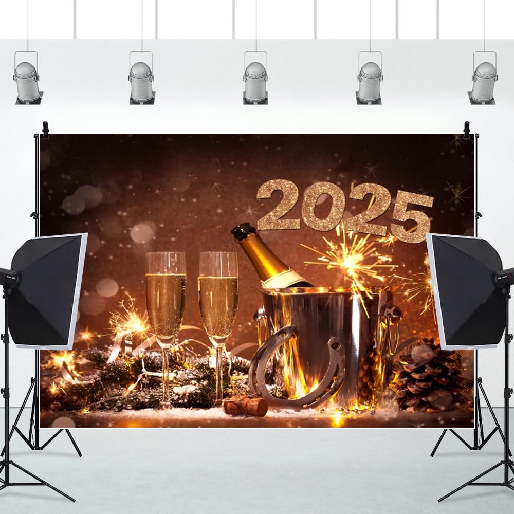Leowefowa 9x6ft New Year's Eve 2025 Backdrop - Lucky Horseshoe & Champagne Fireworks Photo Booth Background for NYE Parties, Christmas Celebrations & Holiday Events - Perfect for Social Media, Home Decor & Festive Gatherings