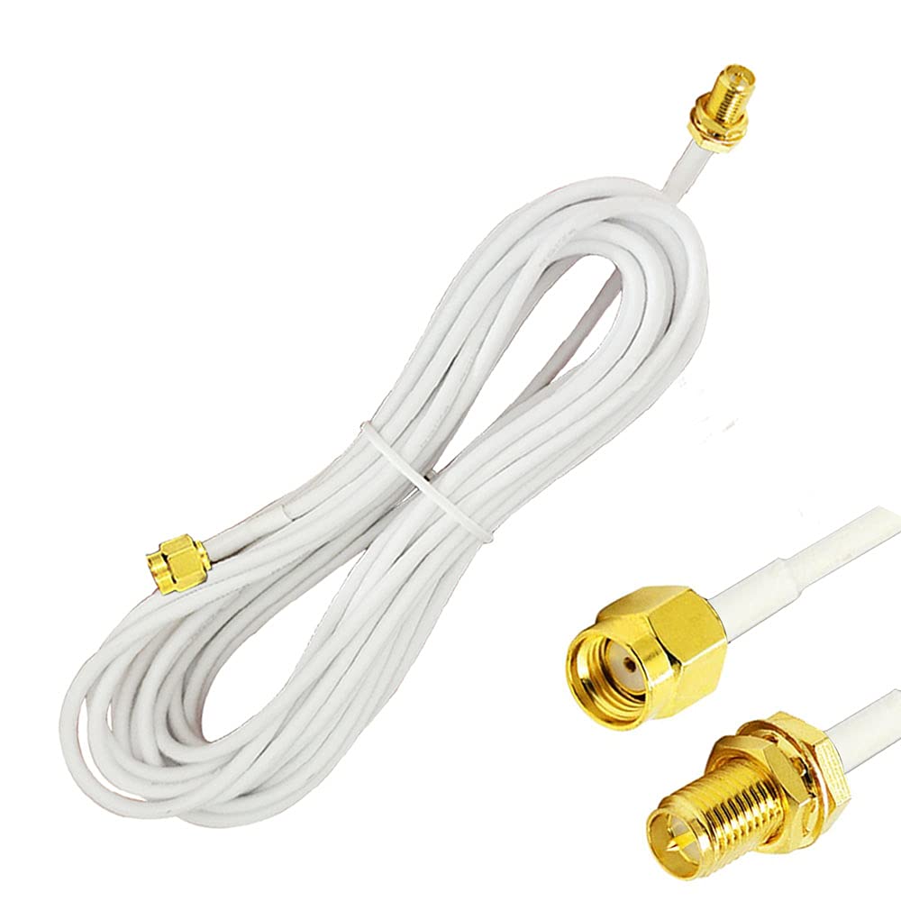 16ft RP-SMA Male to Female Coaxial Extension Cable for Wireless LAN Router, Bridge & External Antennas - White | High-Speed Internet Connection, Home/Office Network Setup