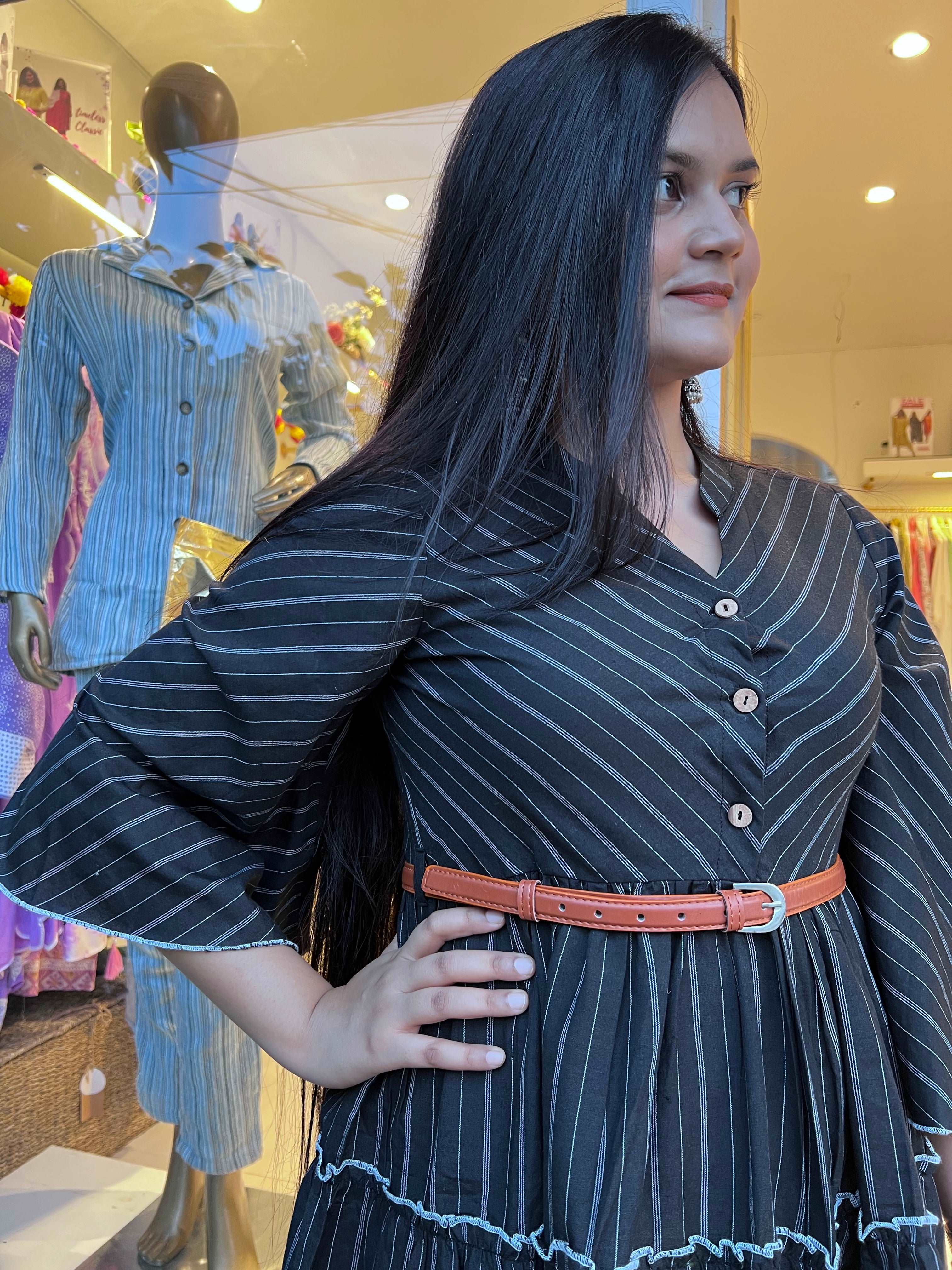 Elegant Black Stripes Midi Belt Dress for Women - Slimming Bodycon Party & Office Wear - Perfect for Cocktail Events, Date Nights & Professional Occasions