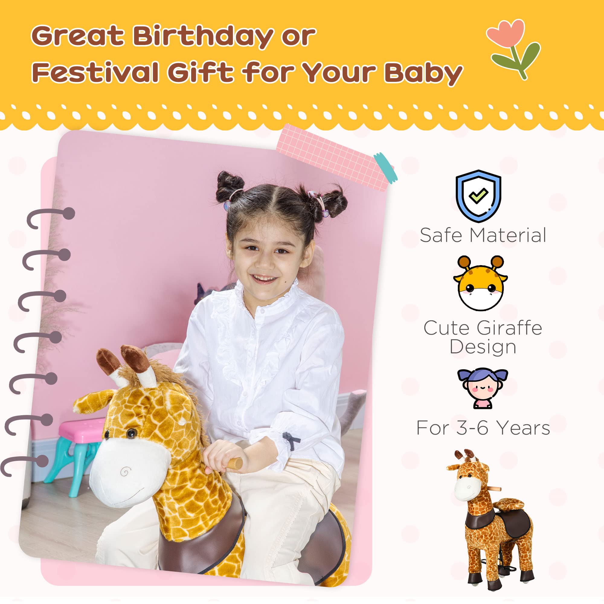 Qaba Rocking Horse for Toddlers - Giraffe Ride-On Pony Toy with Wheels for Kids Ages 3-6 Years - Yellow - Perfect for Indoor Play, Birthday Gifts & Early Childhood Development