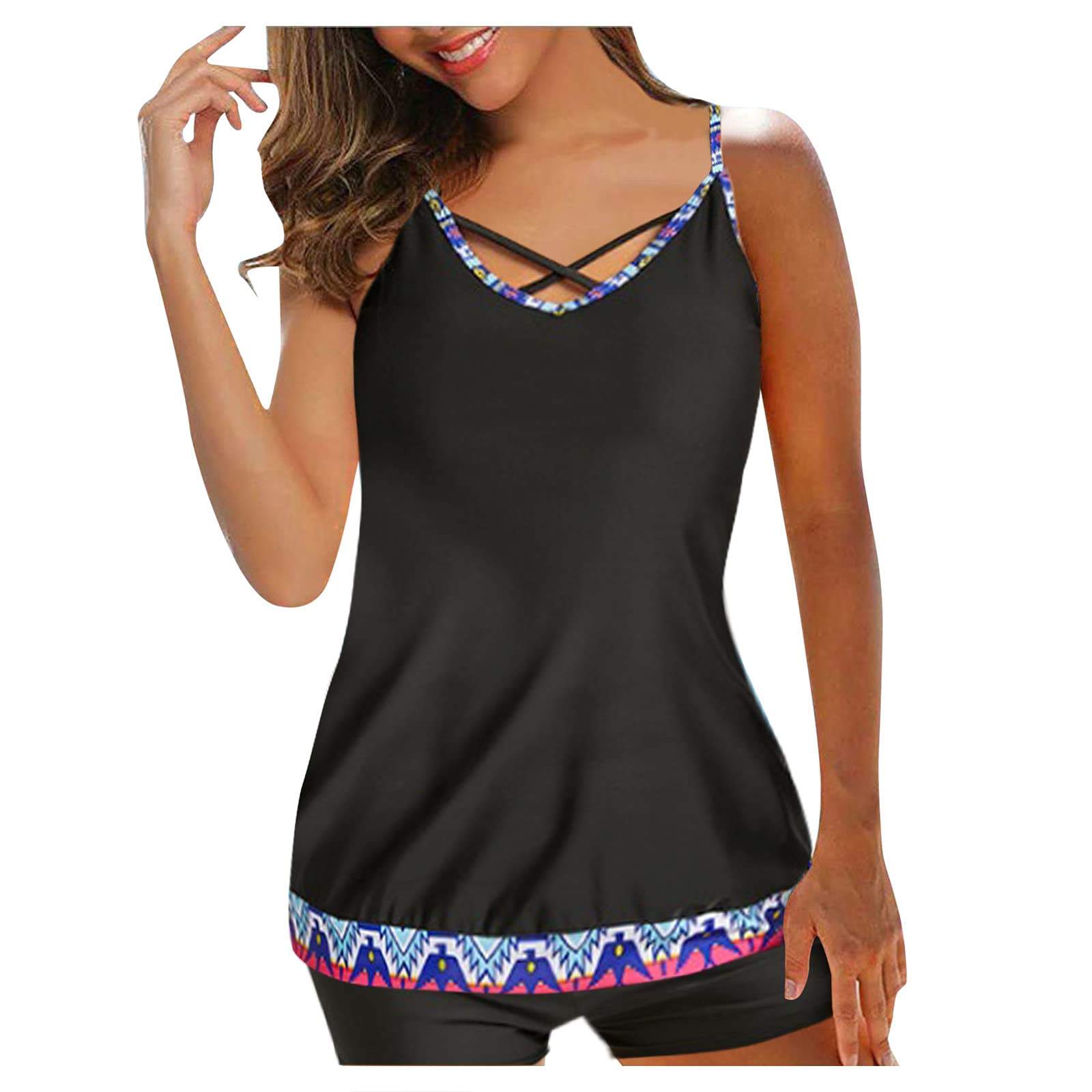 Women's Solid Color Tankini Bikini Set - Large Print Split Beach Swimwear for Resort & Vacation | Perfect for Pool Parties, Summer Getaways & Tropical Vacations