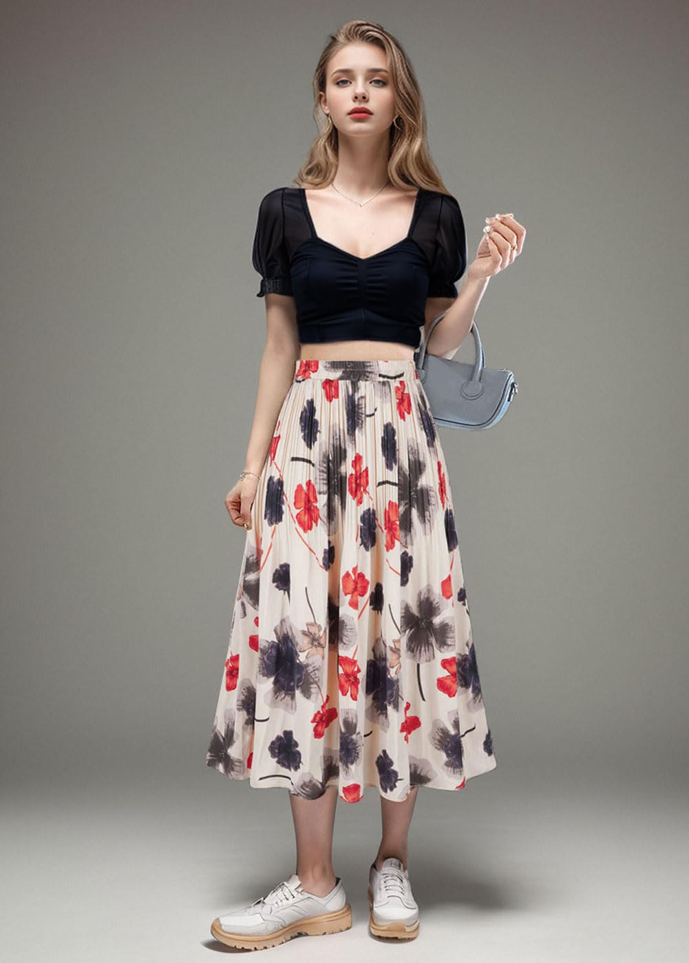 Basoteeuo Women's Leopard Print Midi Skirt - High Waisted A-Line Pleated Long Skirt with Shirring Detail | Perfect for Casual Wear, Office Outfits & Date Nights