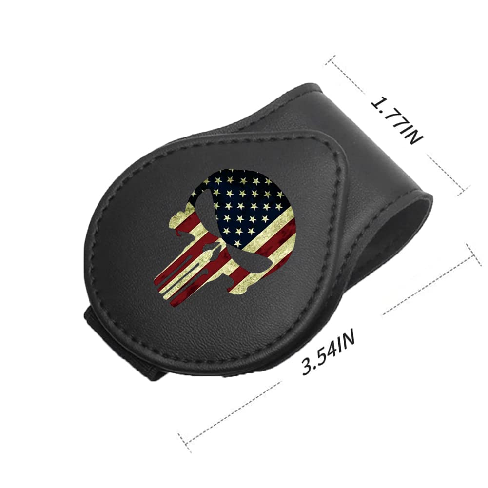 Premium Leather Sunglasses Holder for Car Visor - Universal Eyeglass Hanger Clip with American Flag Skull Design | Perfect for Road Trips, Commuting & Outdoor Adventures