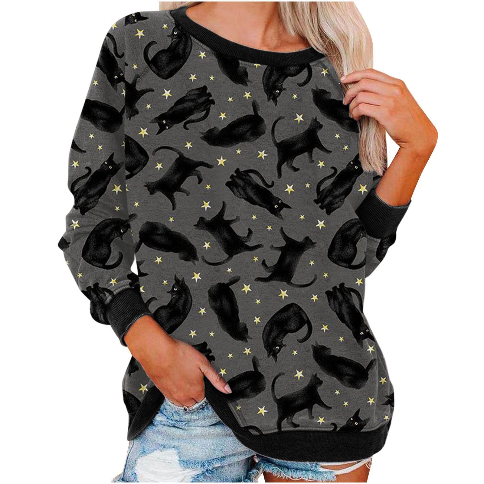 Funny Halloween Sweatshirt for Women - Cute Pumpkin Bat Graphic Long Sleeve Pullover, Casual Loose Fit Holiday Top for Trick-or-Treating, Costume Parties & Fall Festivals