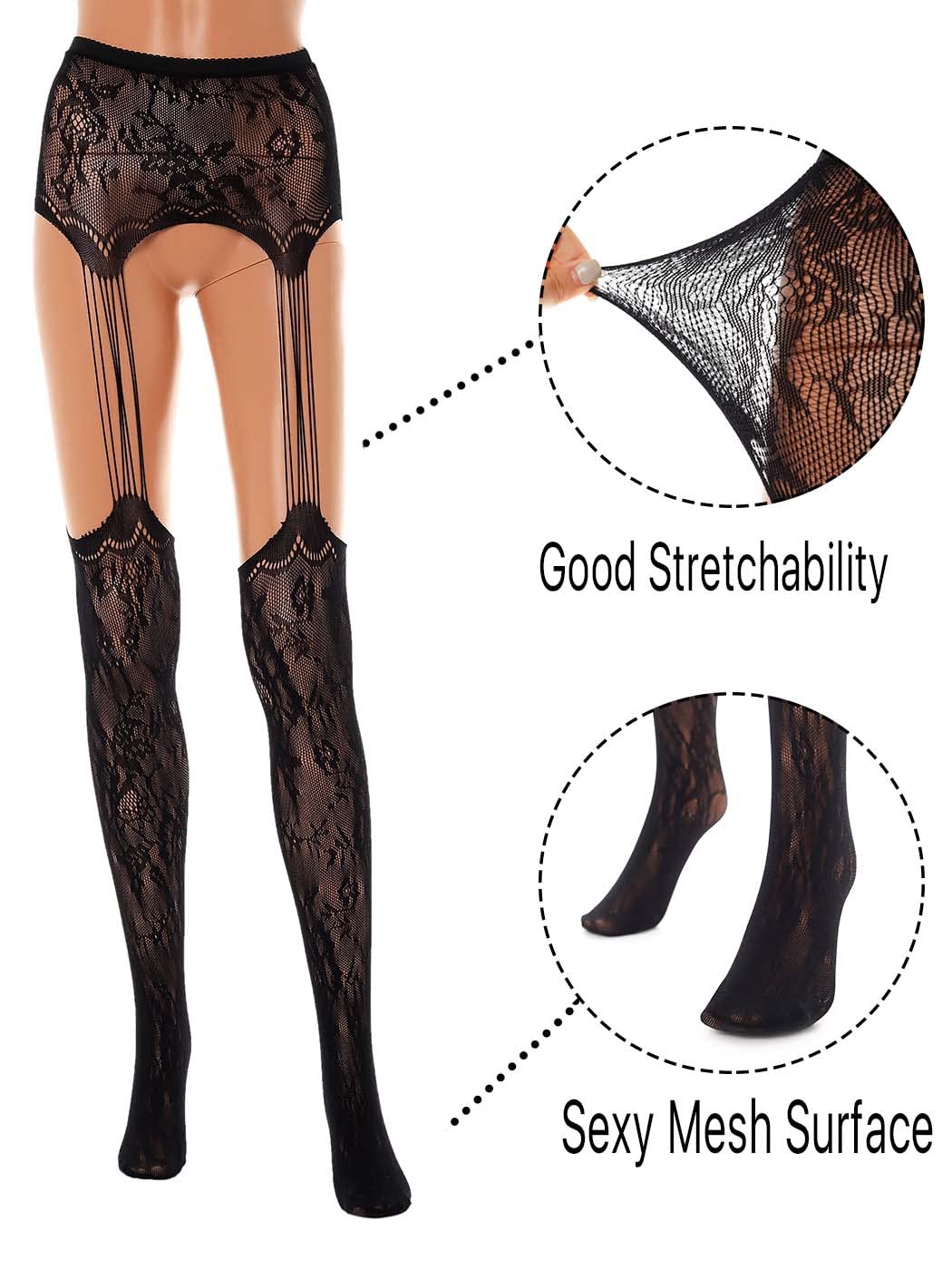 Barode Women's Fishnet Stockings - Sexy High Waist Patterned Tights with Suspenders in Black | Perfect for Halloween Costumes, Burlesque Shows & Night Out Outfits