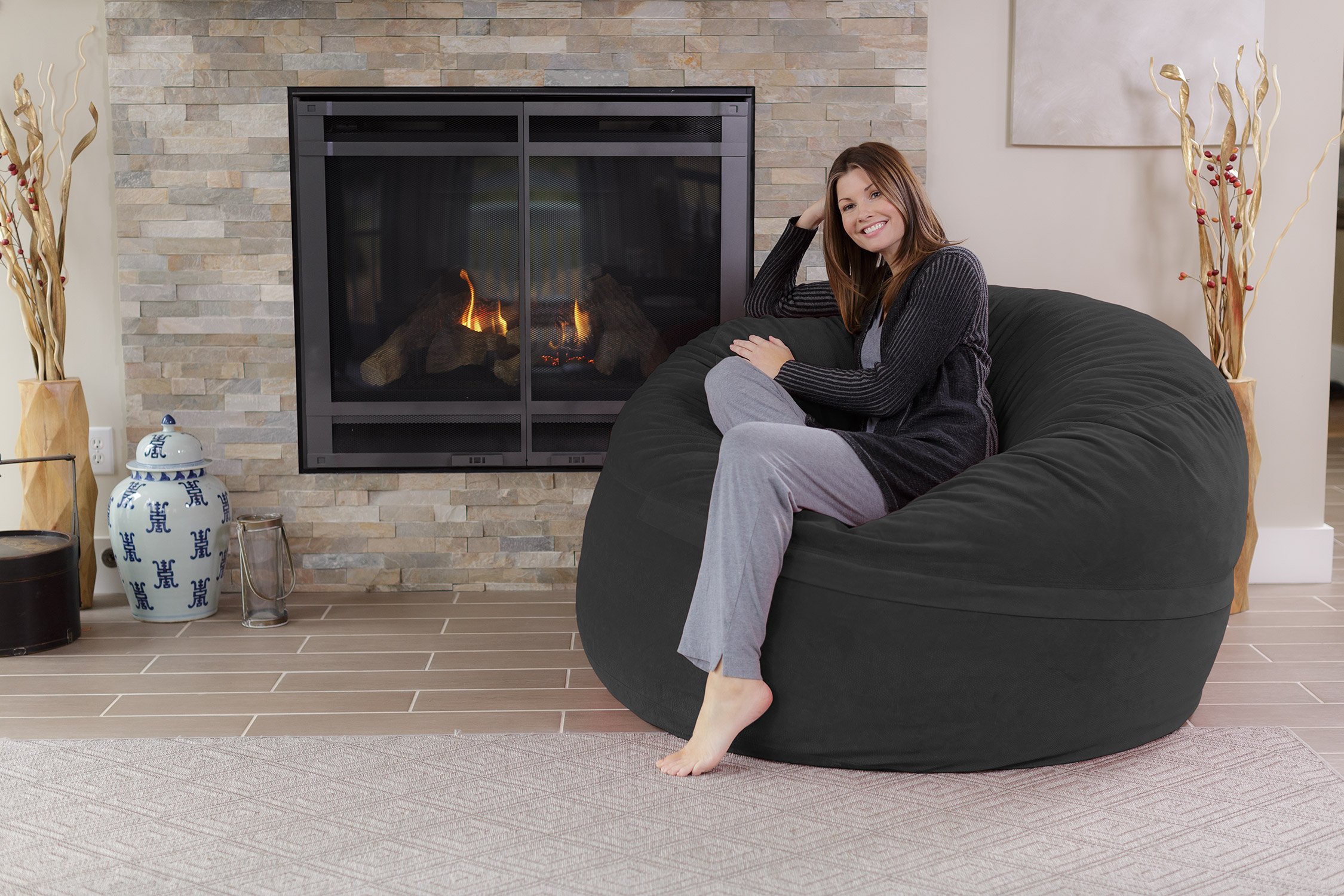 Chill Sack 5' Memory Foam Bean Bag Chair - Giant Soft Microfiber Sofa with Removable Cover - Dark Grey Pebble for Living Room, Game Room & Dorm Comfort