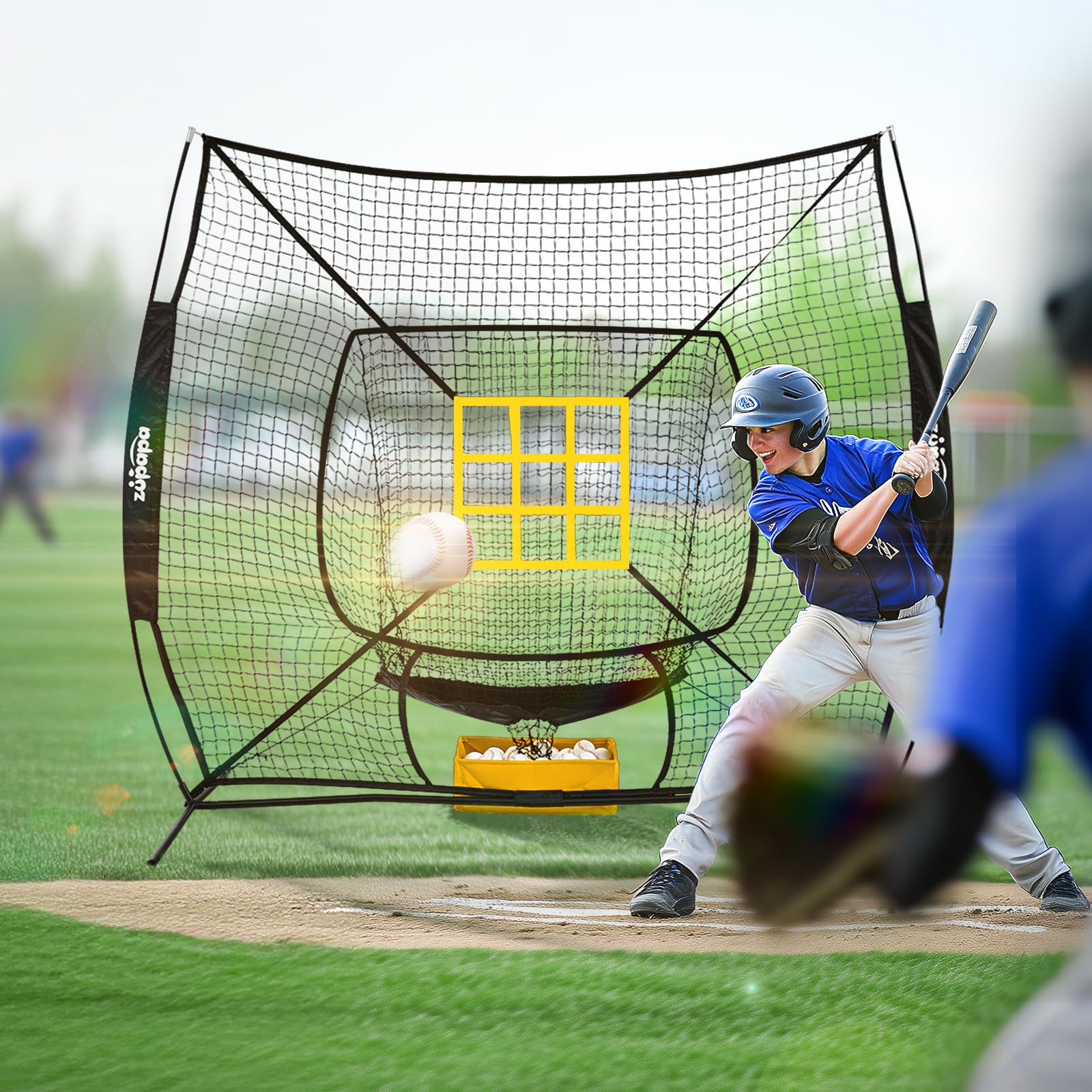 Zupapa 7x7 Feet Baseball & Softball Practice Net with Strike Zone - Portable Backstop Training Net for Batting, Hitting, Pitching & Catching - Perfect for Backyard, Field & Indoor Practice Sessions