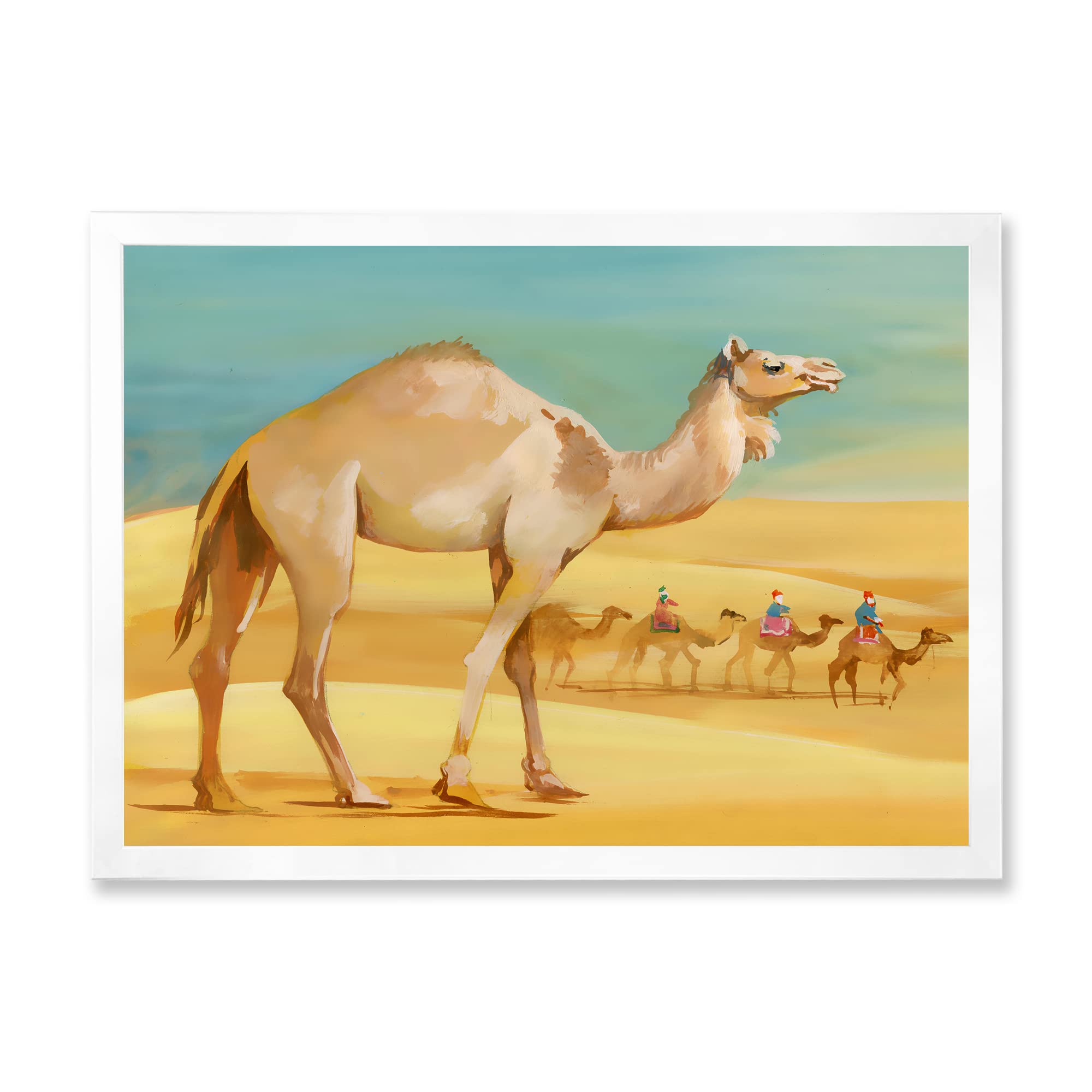 DesignQ Camels In Desert Farmhouse Framed Wall Art - Vintage Desert Landscape Painting - Perfect for Living Room, Bedroom & Office Decor
